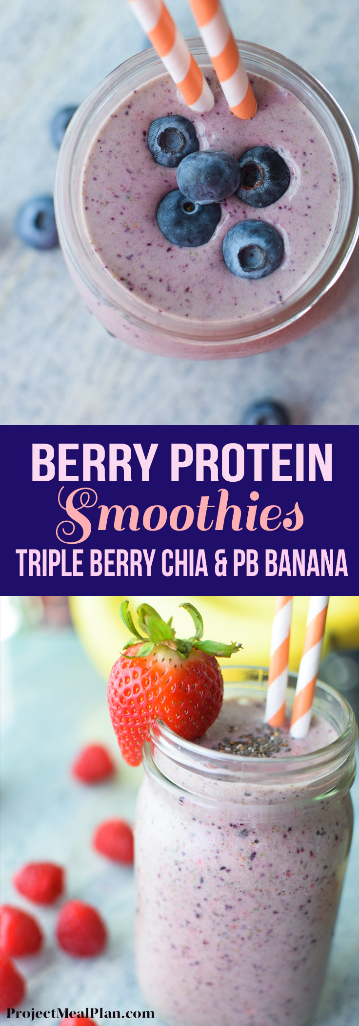 Berry Protein Smoothies Two Ways - Recipes for triple berry chia and PB banana smoothies! yummy & protein filled :) - pmp.local