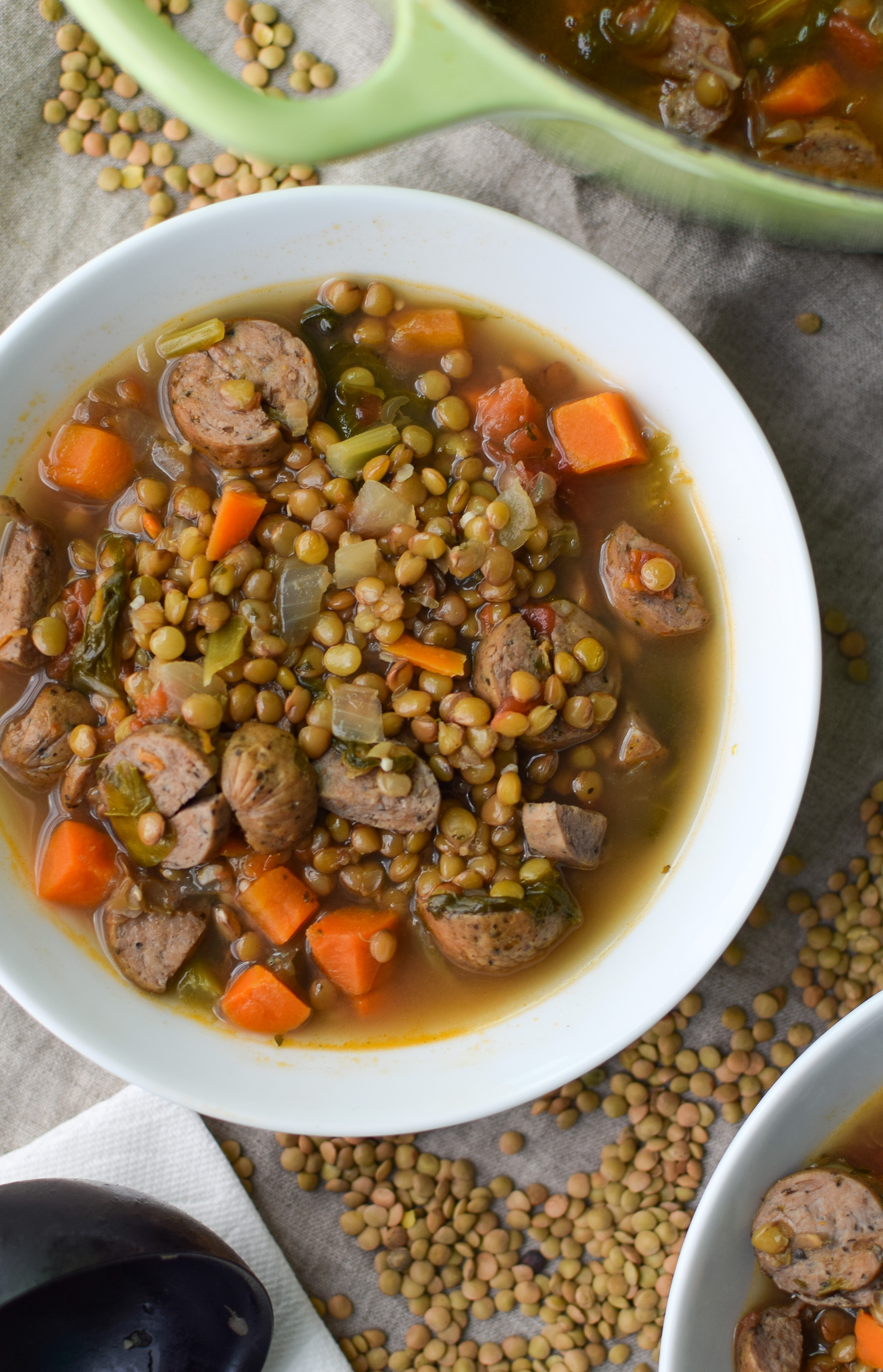 Vegetable & Chicken Sausage Lentil Soup recipe - Simple, hearty and delicious fall soup that will make your home smell amazing on any week night! pmp.local