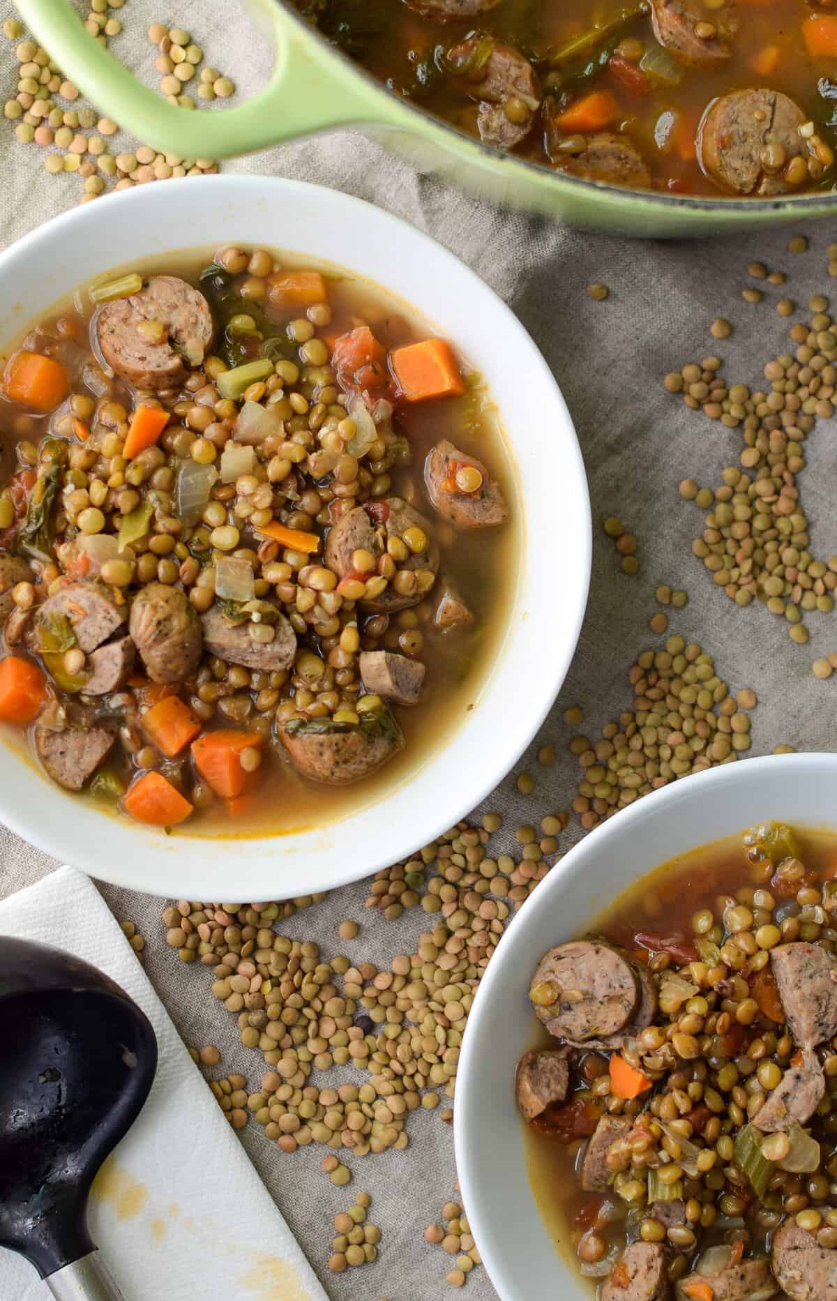 Vegetable & Chicken Sausage Lentil Soup recipe - Simple, hearty and delicious fall soup that will make your home smell amazing on any week night! pmp.local