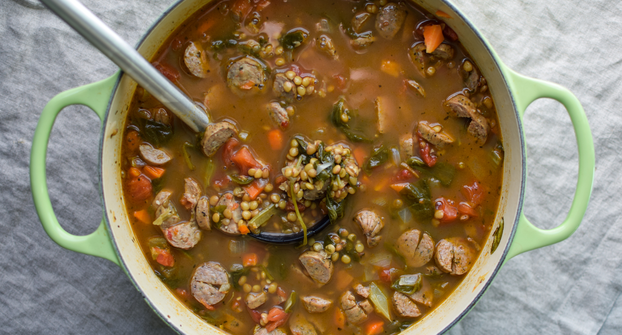Vegetable & Chicken Sausage Lentil Soup recipe - Simple, hearty and delicious fall soup that will make your home smell amazing on any week night! pmp.local