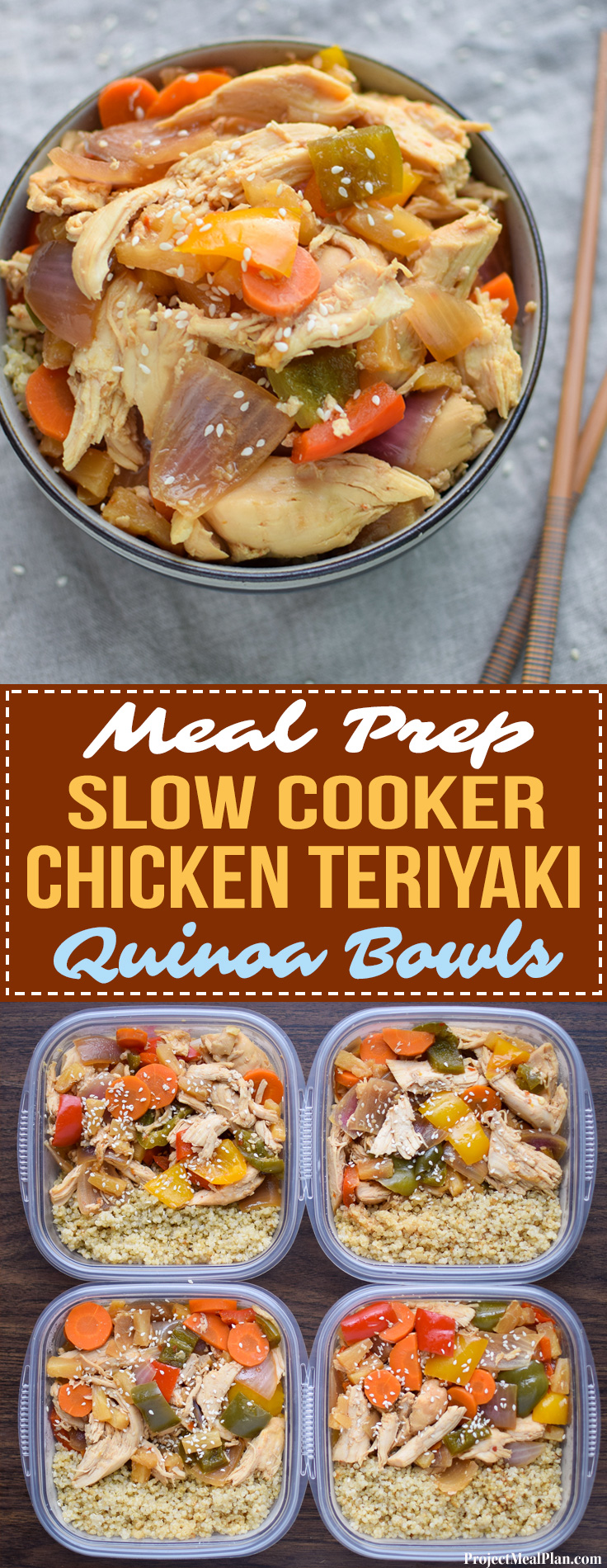 Meal Prep Slow Cooker Chicken Teriyaki Quinoa Bowls - Meal prep a healthy version of a takeout favorite! Four meals ready for the week, with chicken, veggies and quinoa. - pmp.local