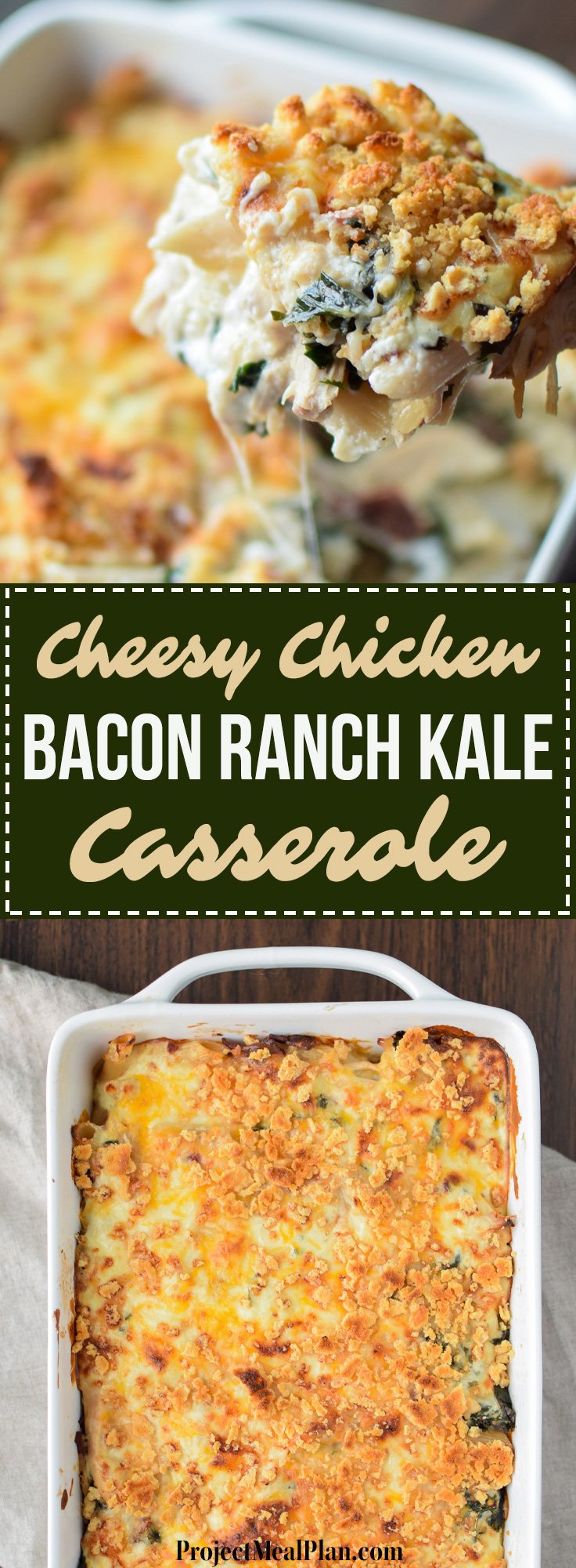 Cheesy Chicken Bacon Ranch Kale Casserole - A healthy and creamy combo of brown rice pasta, kale, chicken, greek yogurt and more! - pmp.local