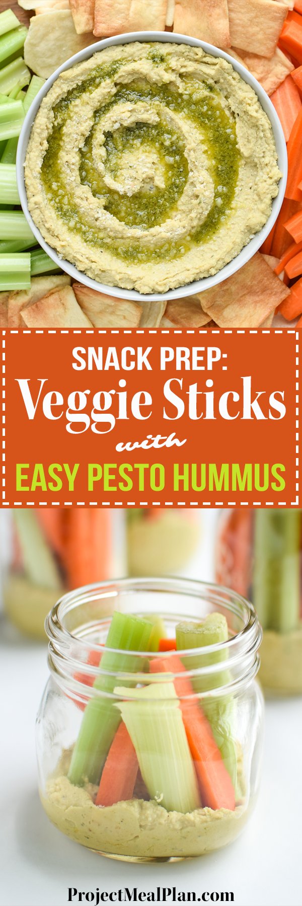 Snack Prep: Veggie Sticks with Easy Pesto Hummus recipe - A pesto twist on the classic hummus, plus, have you tried it with veggies in a mason jar? - pmp.local
