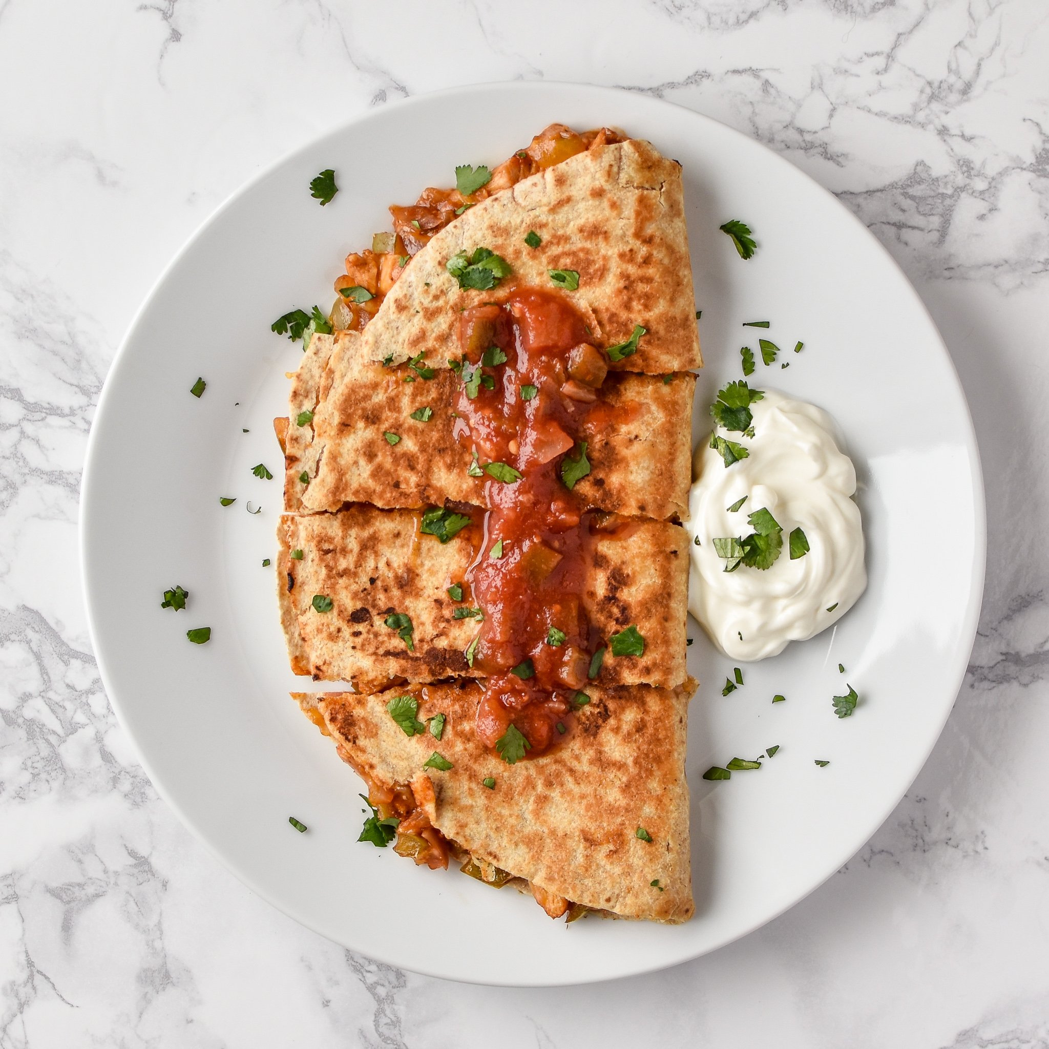 Quick BBQ Chicken Quesadillas (Make-Ahead Filling Recipe) - Delicious BBQ chicken quesadillas made in 10 minutes with pre-made filling! - pmp.local