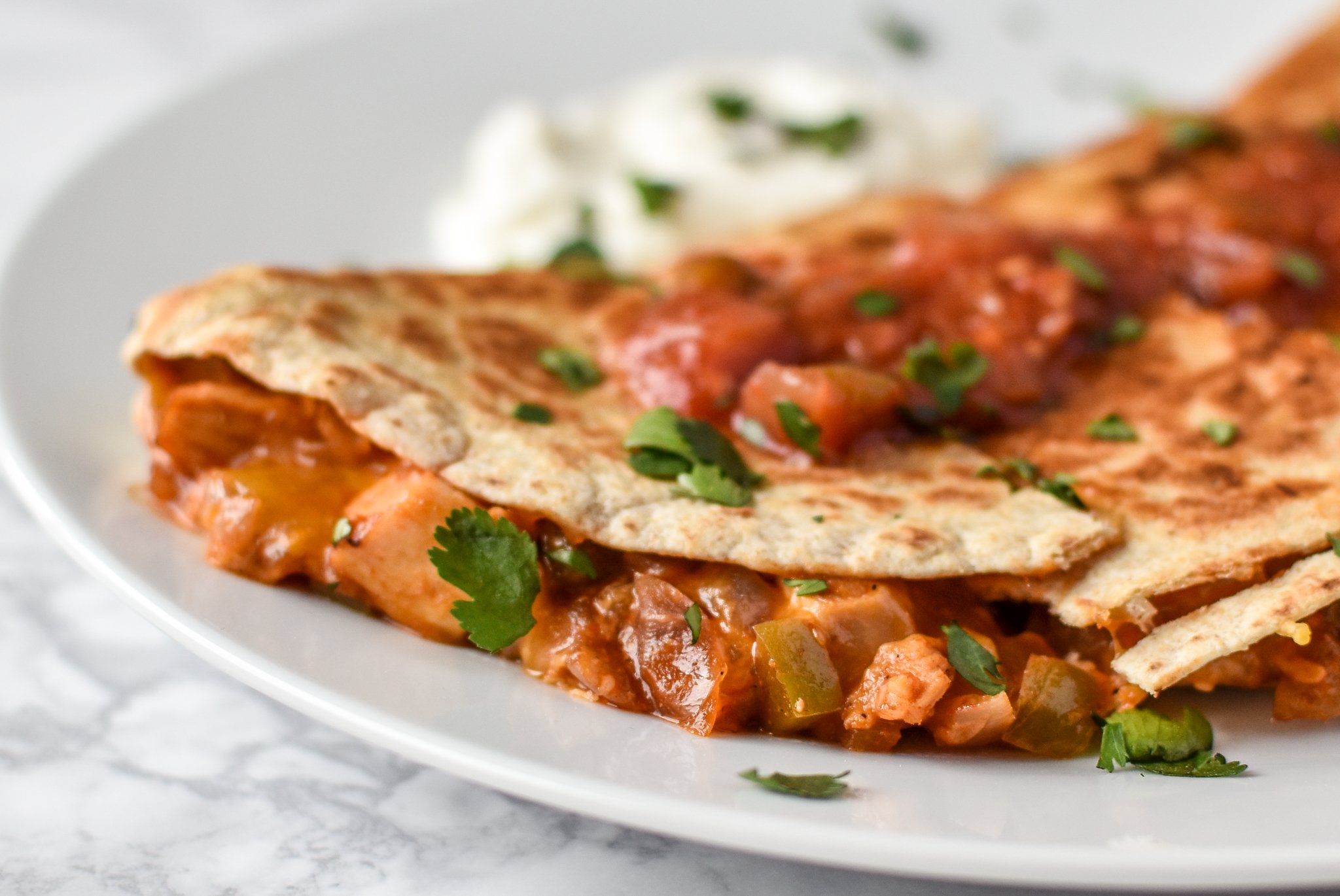 Quick BBQ Chicken Quesadillas (Make-Ahead Filling Recipe) - Delicious BBQ chicken quesadillas made in 10 minutes with pre-made filling! - pmp.local