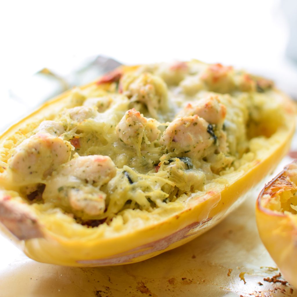 pesto chicken stuffed spaghetti squash.