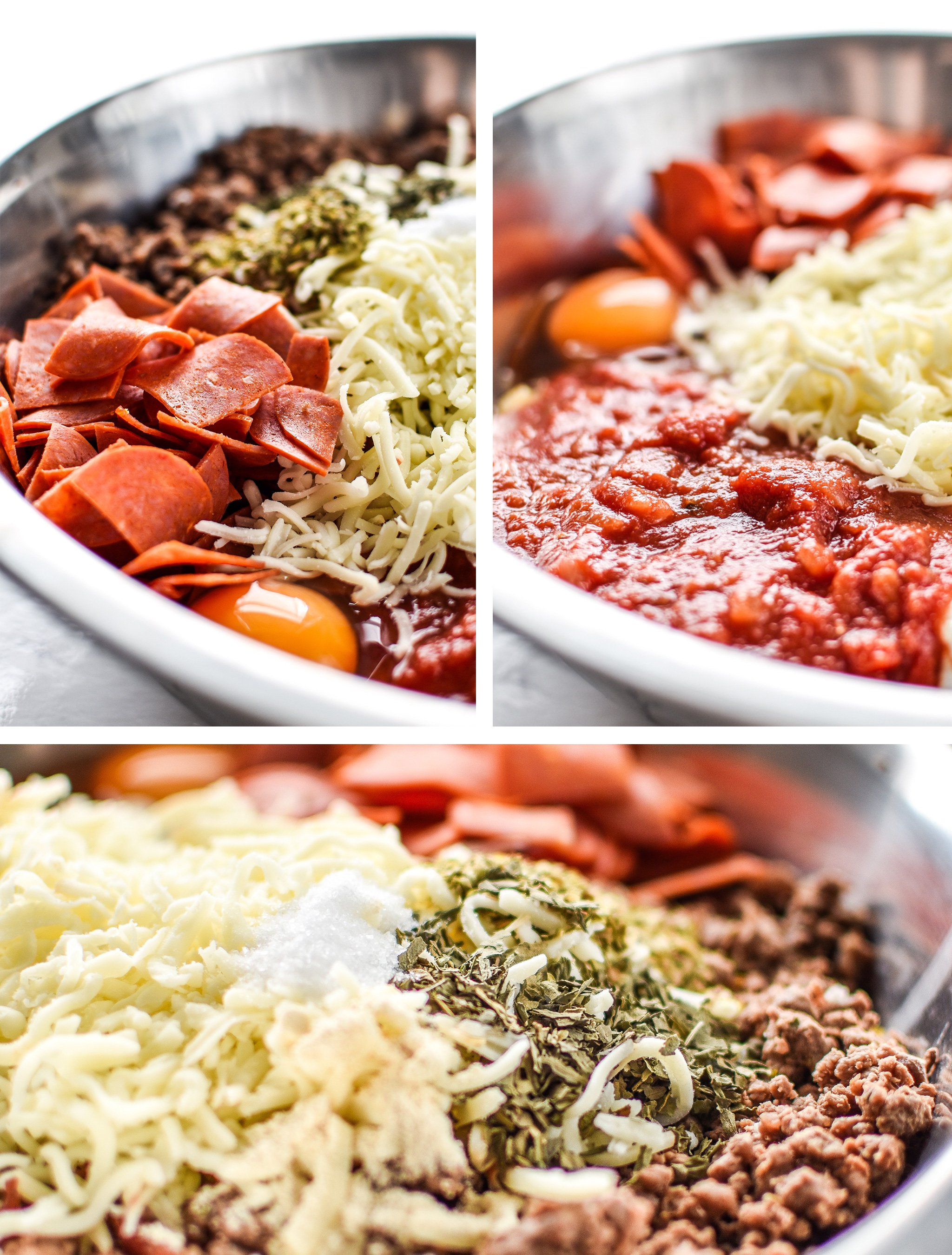 All the ingredients for the Meat Lover's Spaghetti Squash Pizza Casserole - It's pizza, but morphed into a not-that-bad-for-you spaghetti squash casserole with meat lover's toppings! - pmp.local