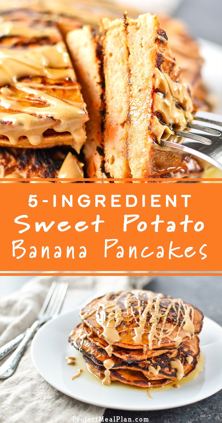5-Ingredient Sweet Potato Banana Pancakes - Banana, sweet potato, nut butter, eggs and cinnamon are all you need to make these simple pancakes happen. #sweetpotato #pancakes #bananapancakes - pmp.local
