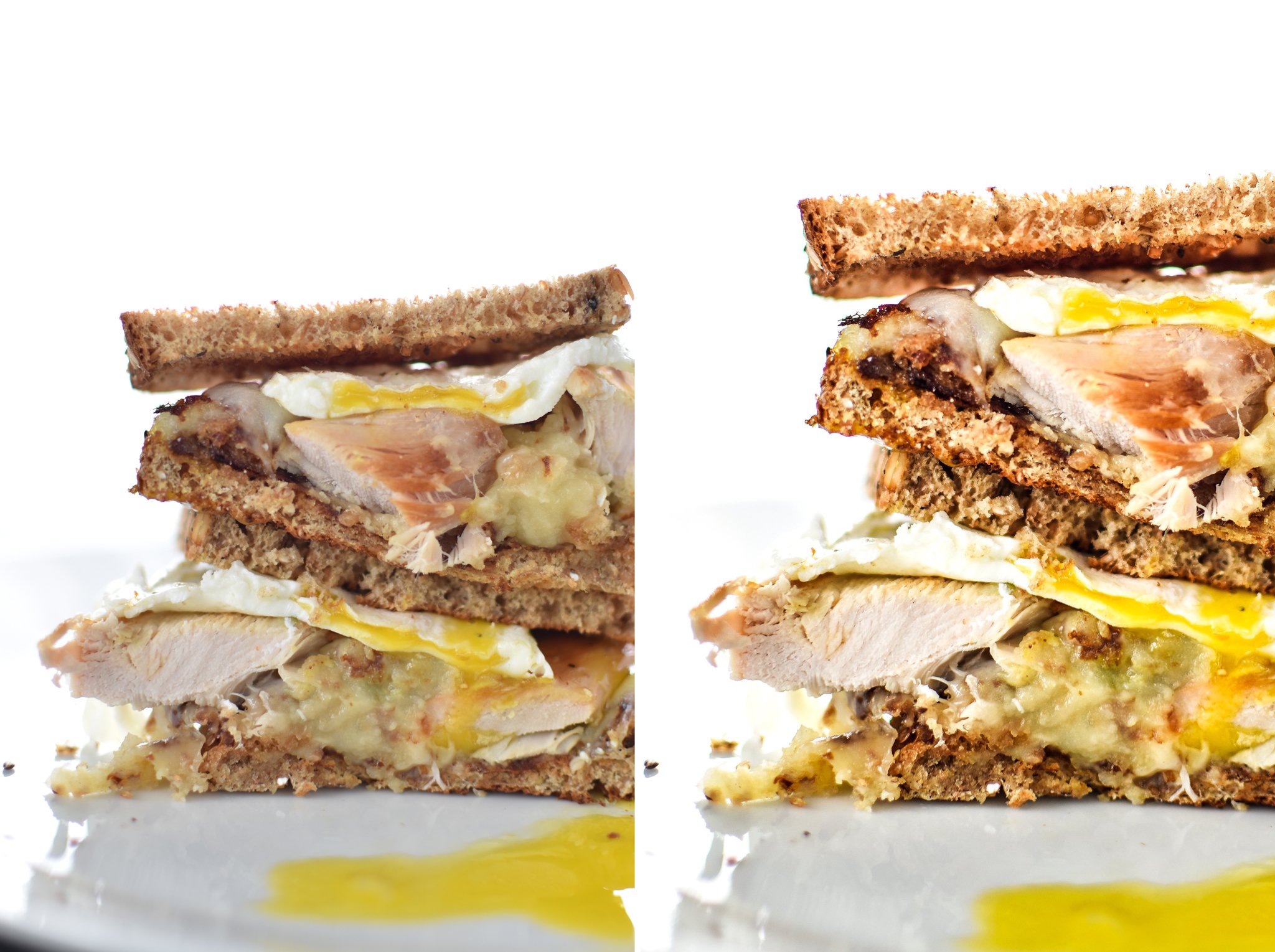 A picture of a sandwich cut in half, the left is unedited and the right is with edits.