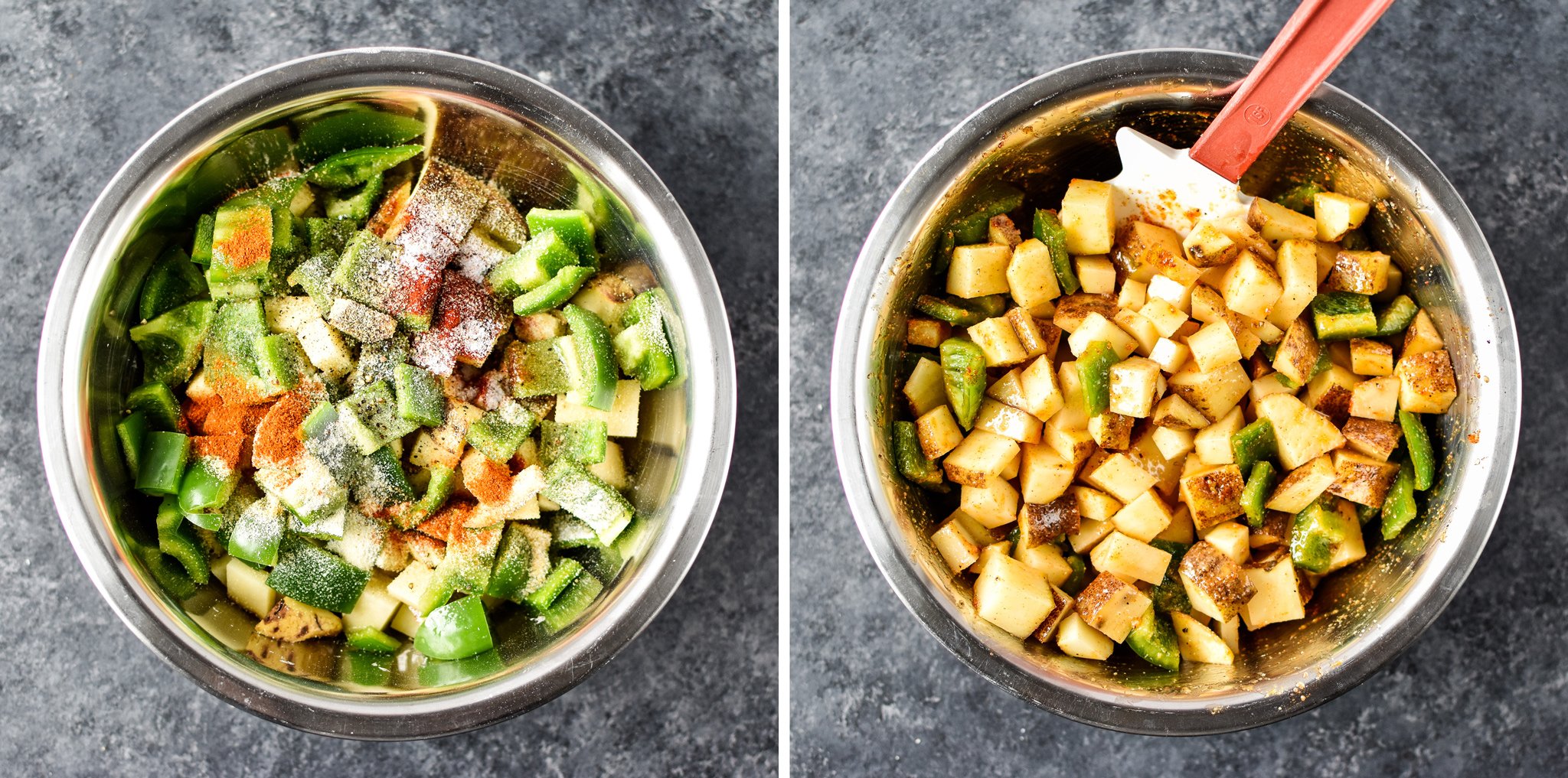 Left: A bowl of peppers and breakfast potatoes with seasonings on top. Right: The same bowl stirred up and ready to be cooked.