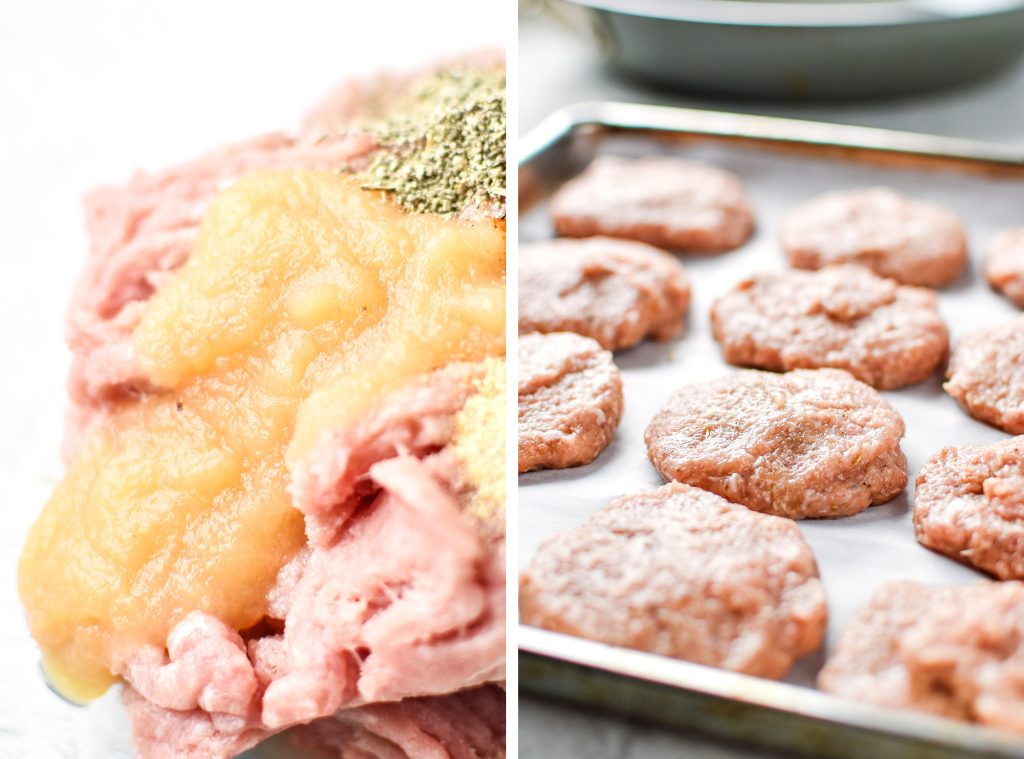 step by step of making the best ground turkey breakfast sausage patties on a sheet pan before baking.