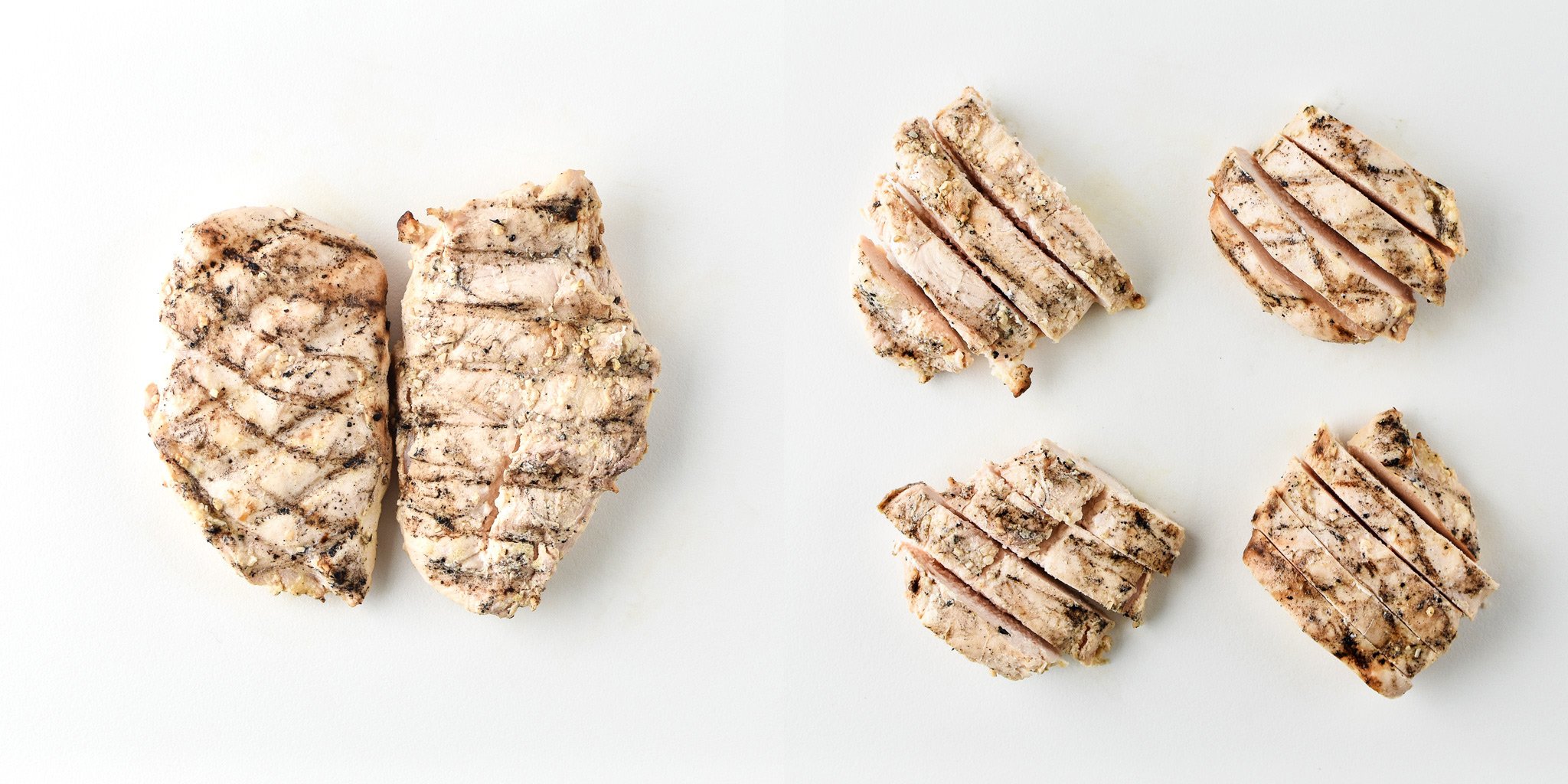 Cooked boneless skinless chicken breast before and after portioning.