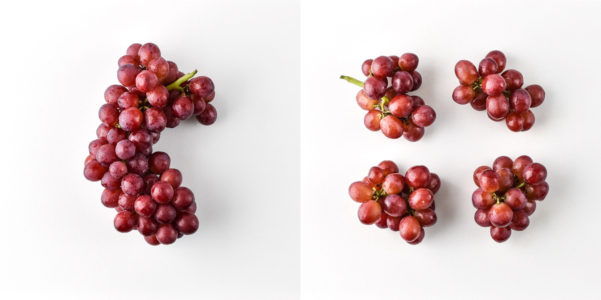 A bunch of grapes before and after portioning for meal prep lunches.