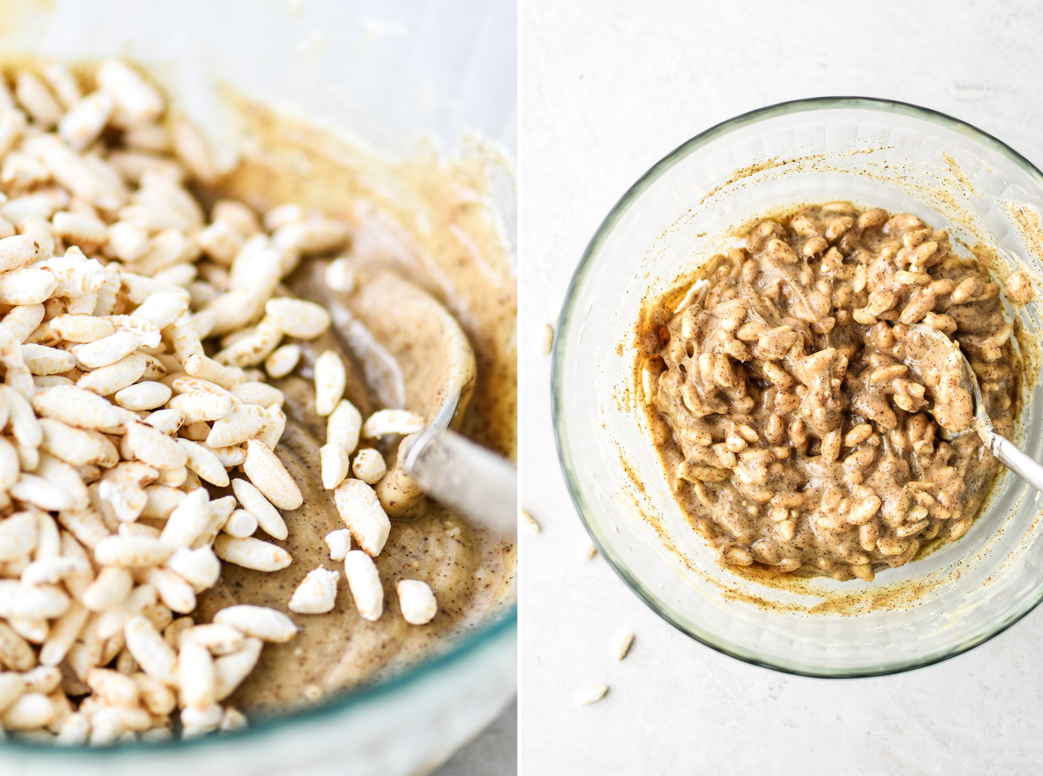 Adding crispy rice and stirring to make the Espresso Crunch Cashew Nut Butter Cups