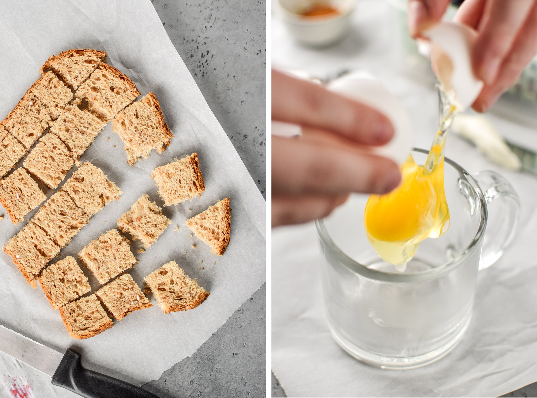 Left: Bread cut up for the microwave mug french toast. Right: Cracking an egg into the mug.