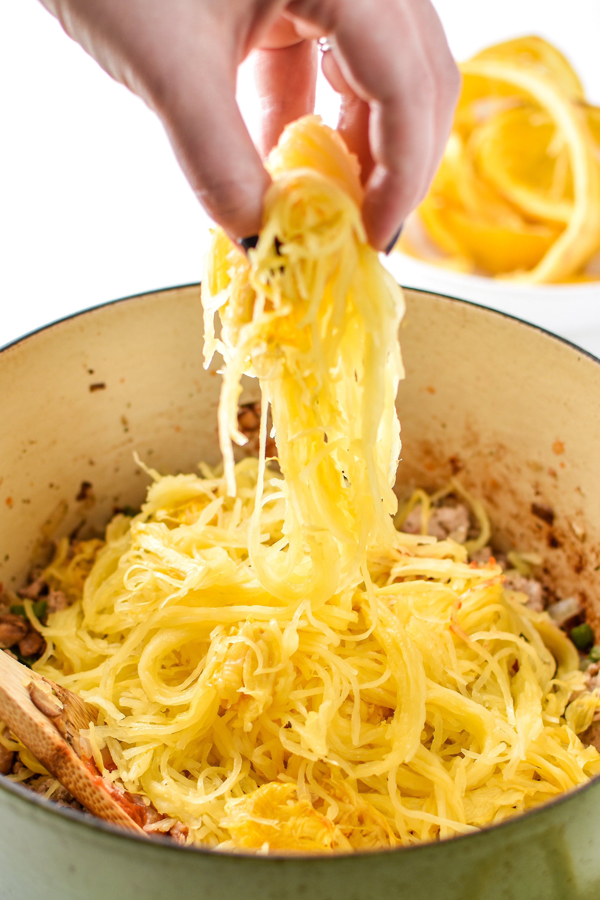 Noodles in the spaghetti squash spaghetti bake.