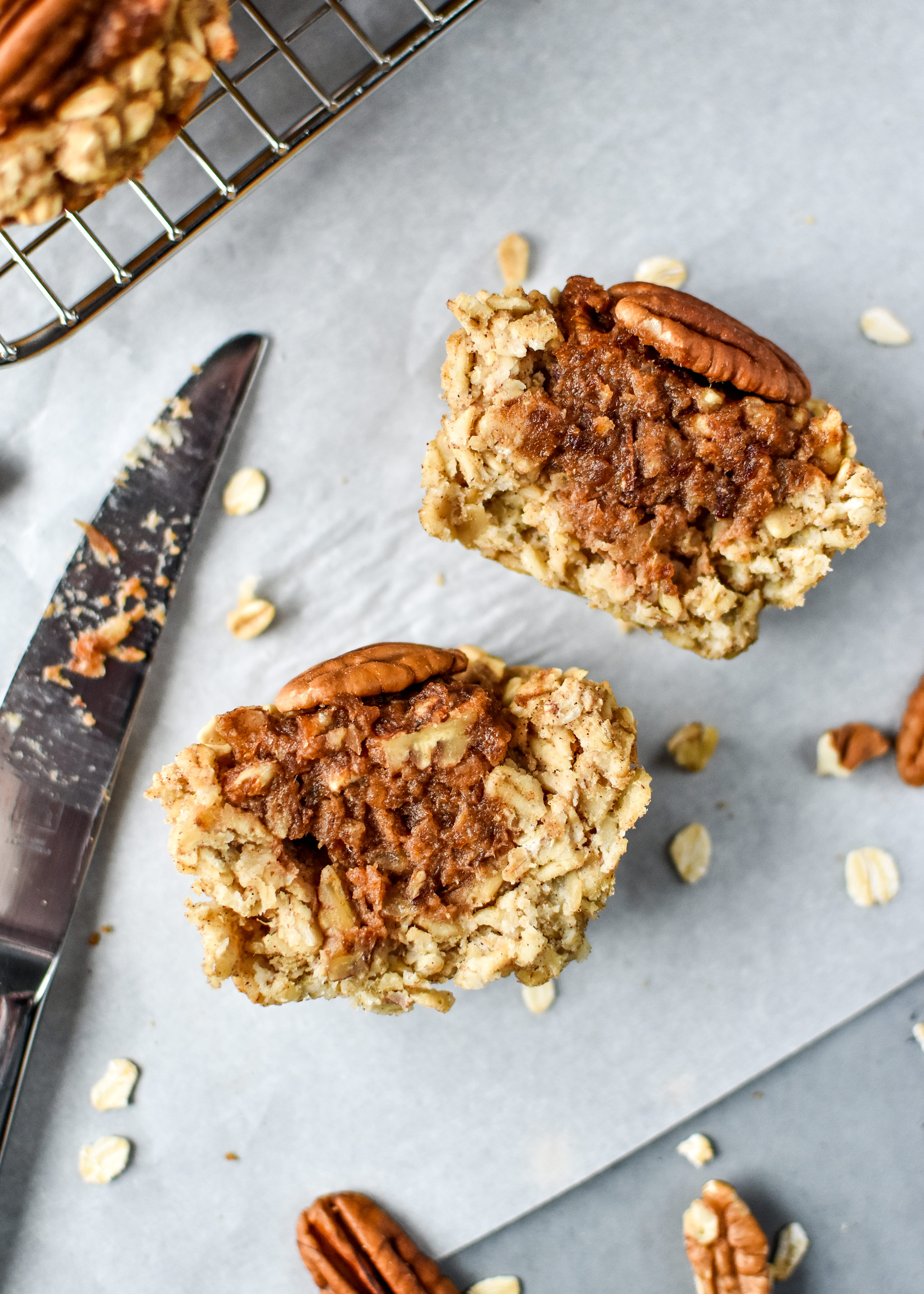 Pecan Pie Stuffed Oatmeal Breakfast Cups cut in half 