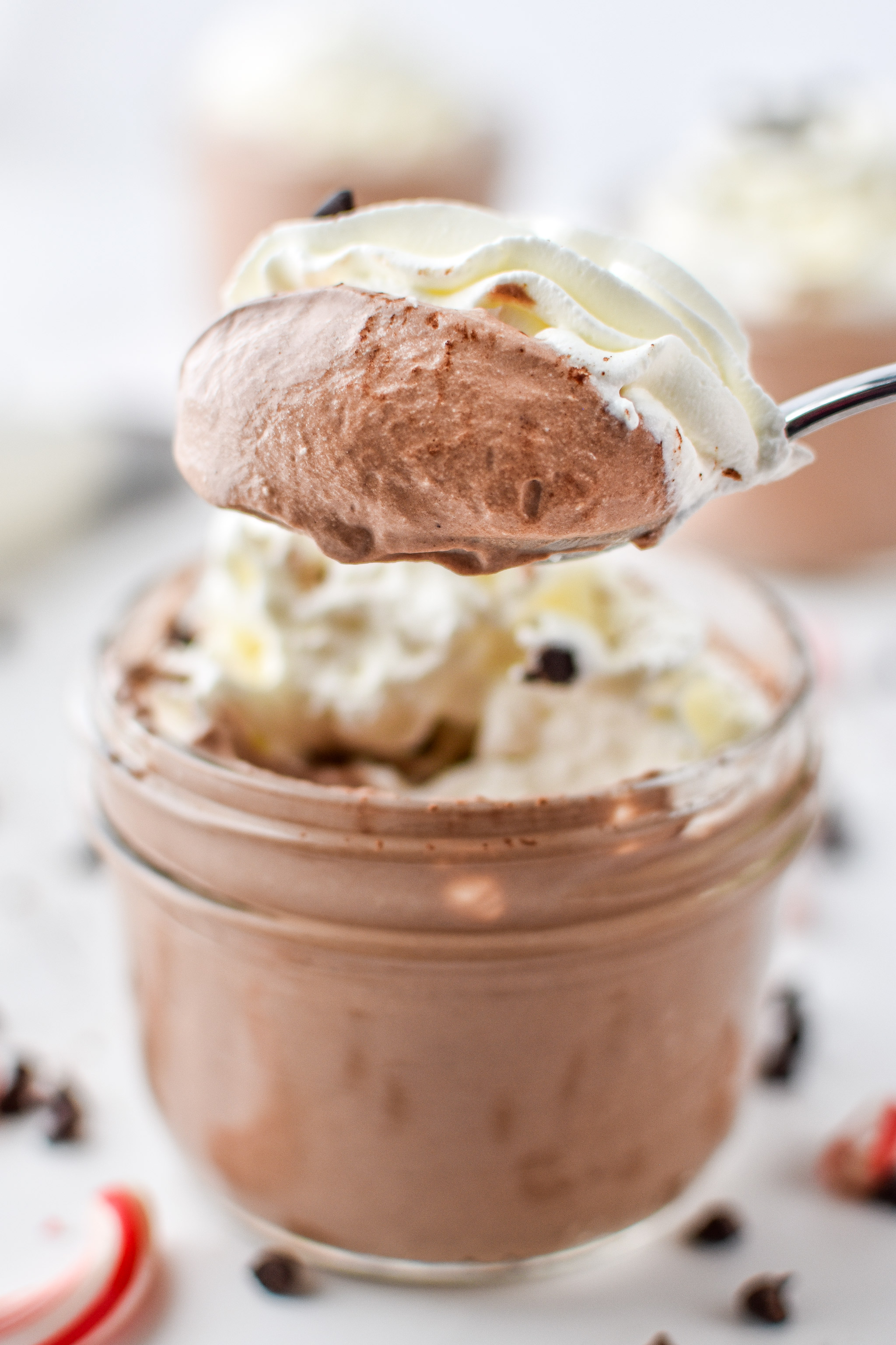 A spoonful of peppermint chocolate whipped greek yogurt with whipped cream on top.