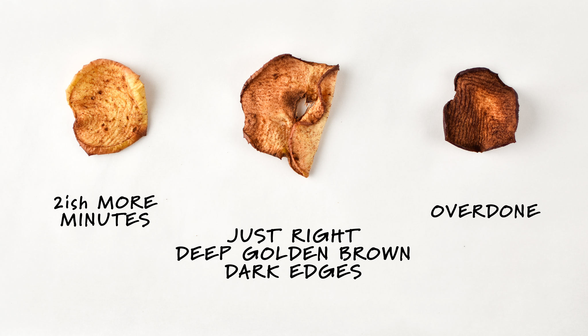 A diagram for how to make apple chips in an air fryer. Left needs 2ish more minutes, middle is just right with deep golden brown edges, and right is overdone.