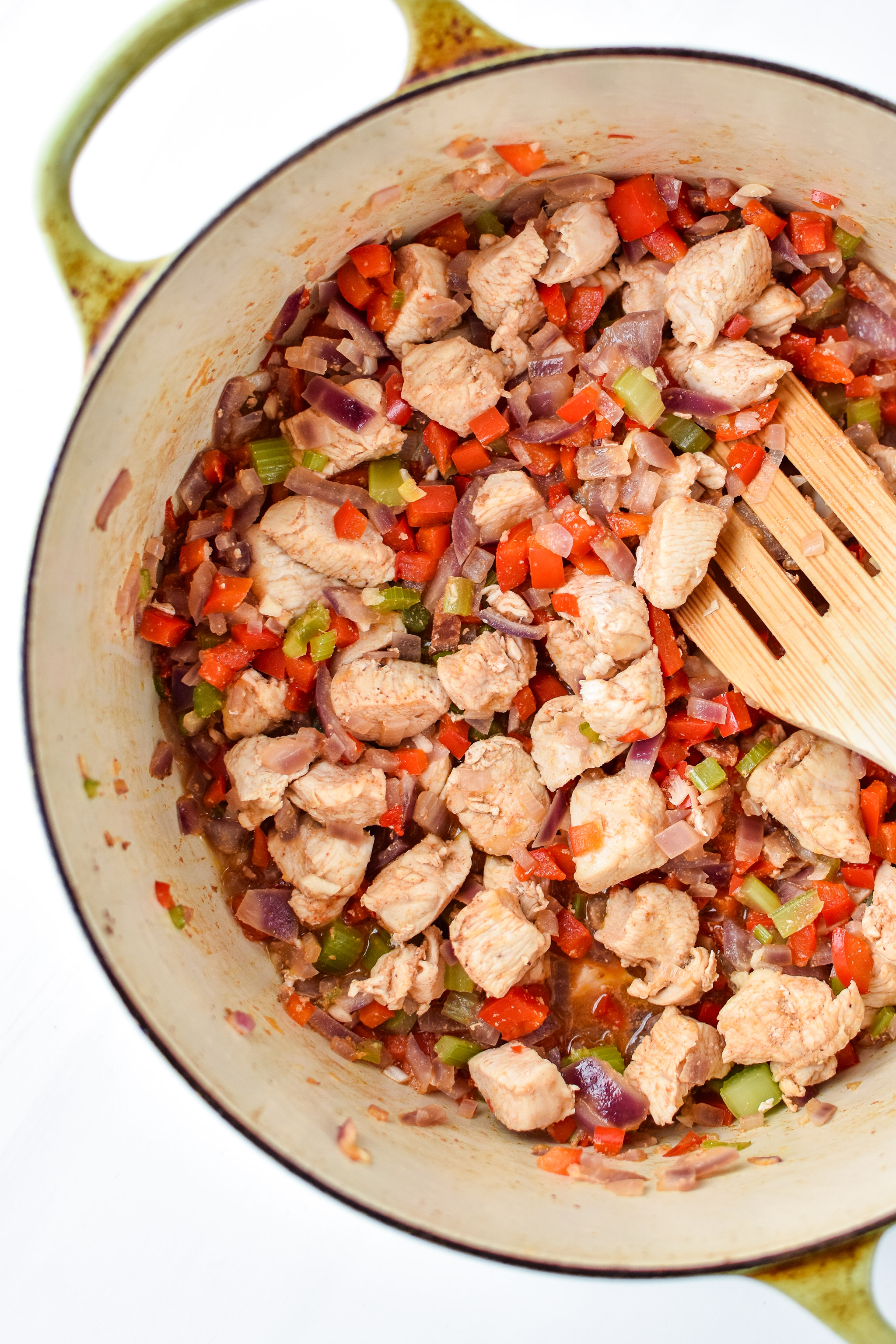 Chicken & veggie mixture for the Whole30 Chicken Bacon Ranch Casserole