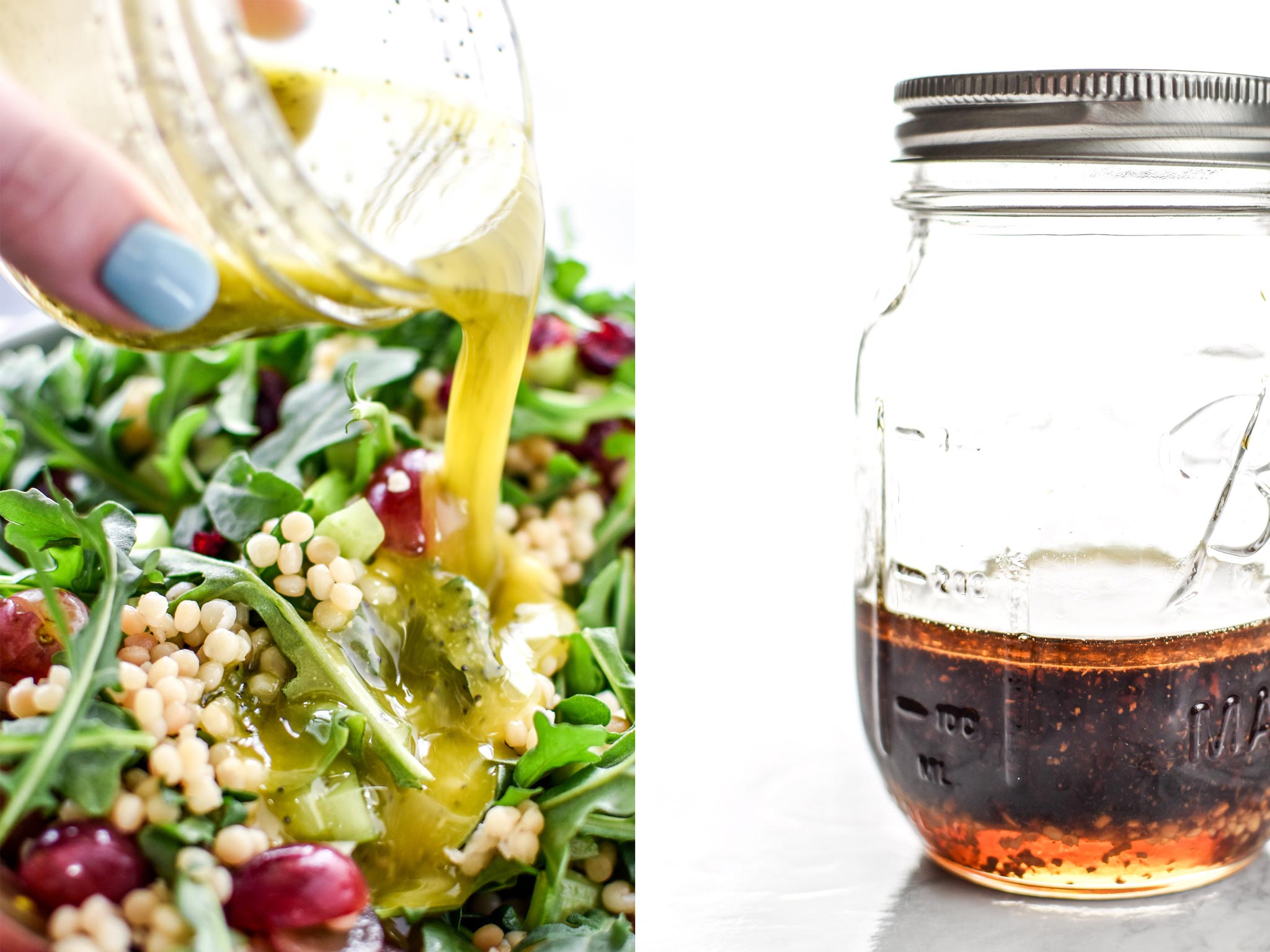 Two different sauces made and stored in mason jars.