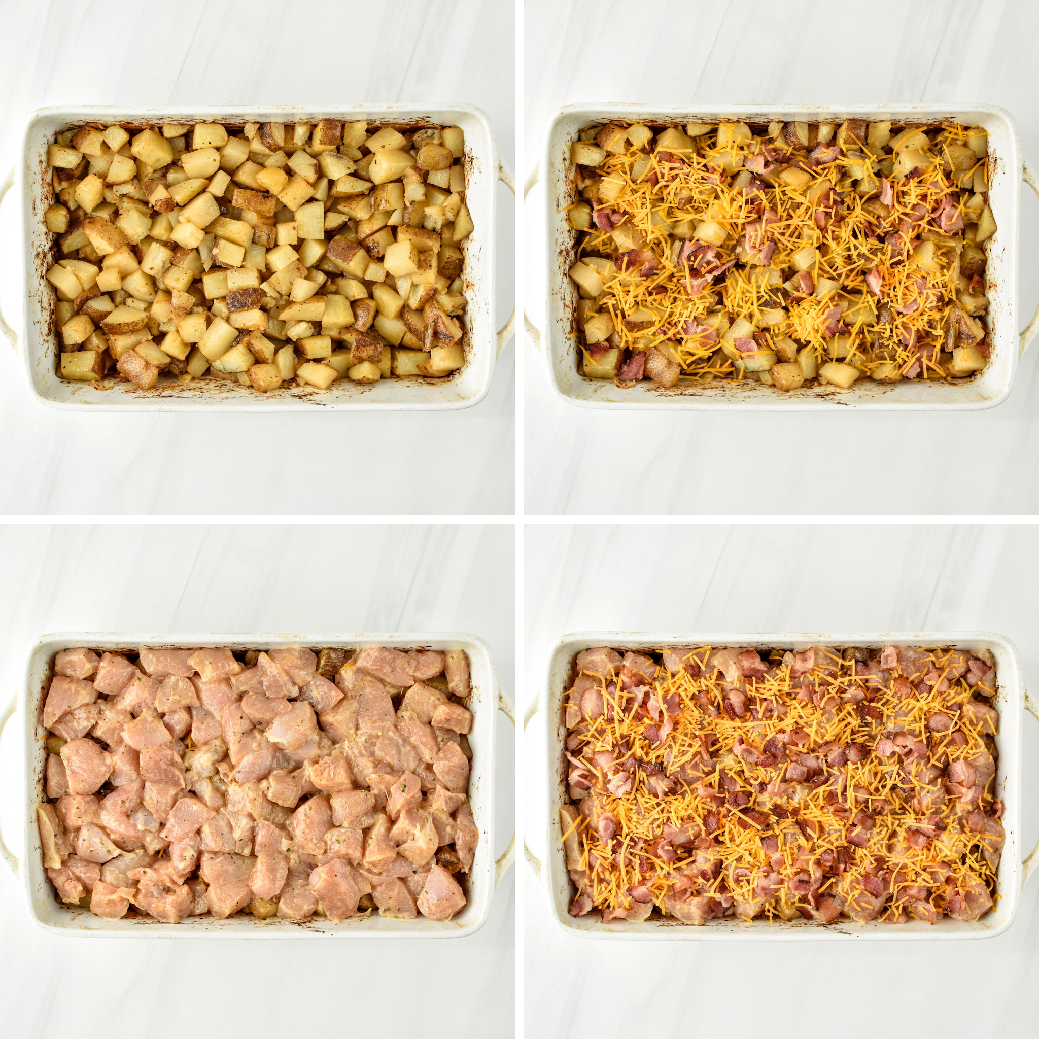 step by step assembly of the chicken bacon ranch potato bake before it goes in the oven for the final bake