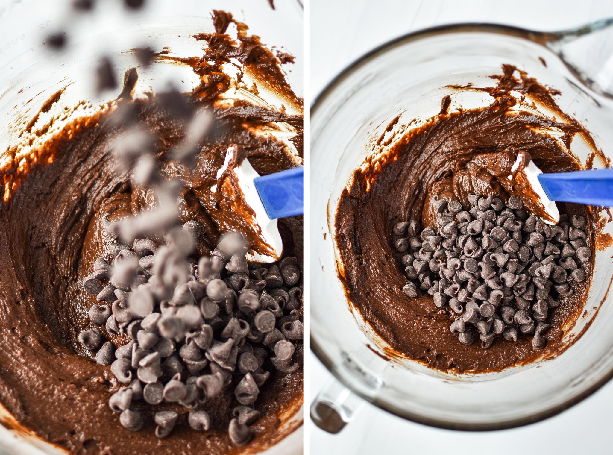 Adding chocolate chips to the batter for the sweet potato brownie skillet