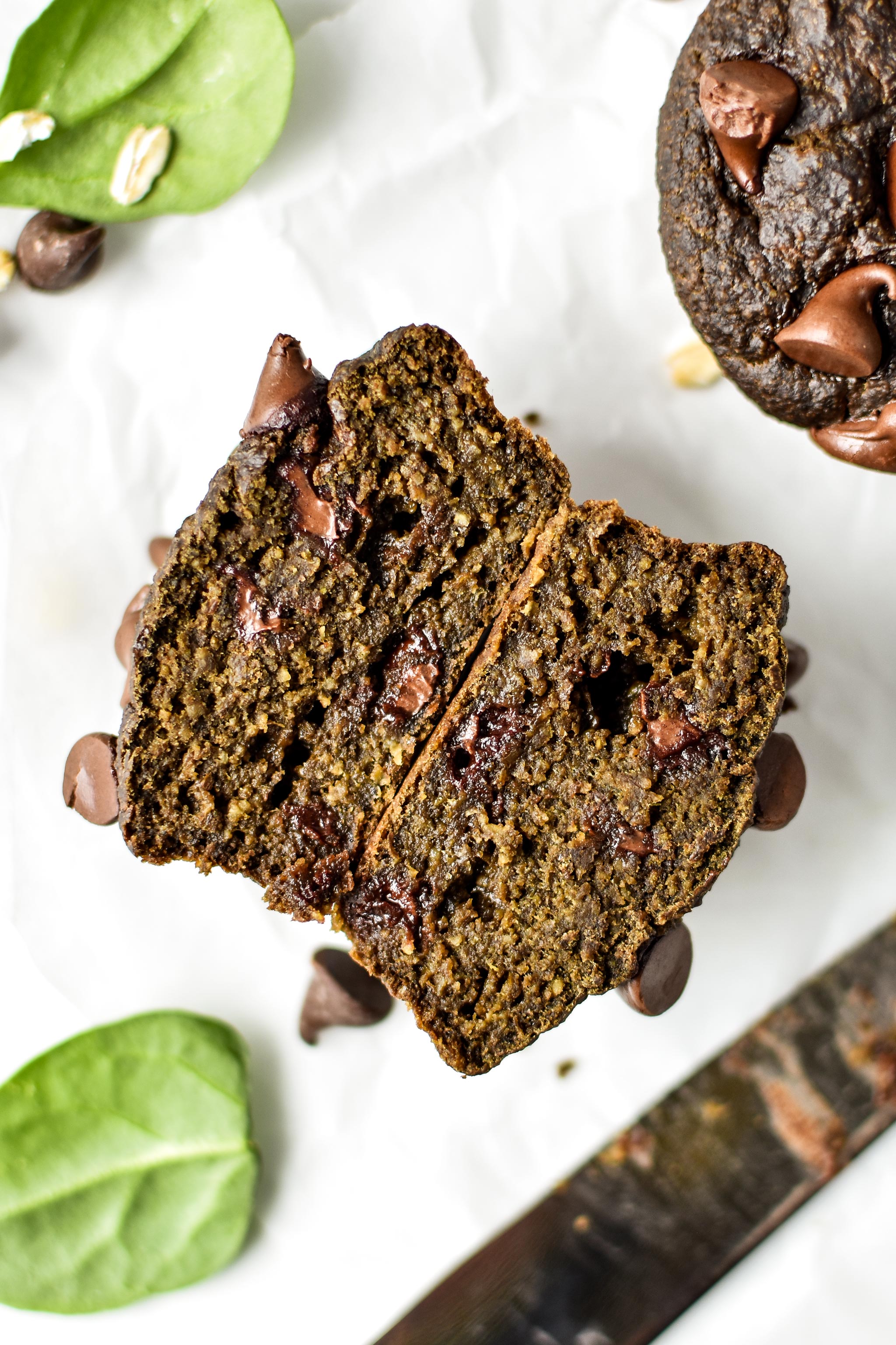 chocolate spinach blender muffin cut in half