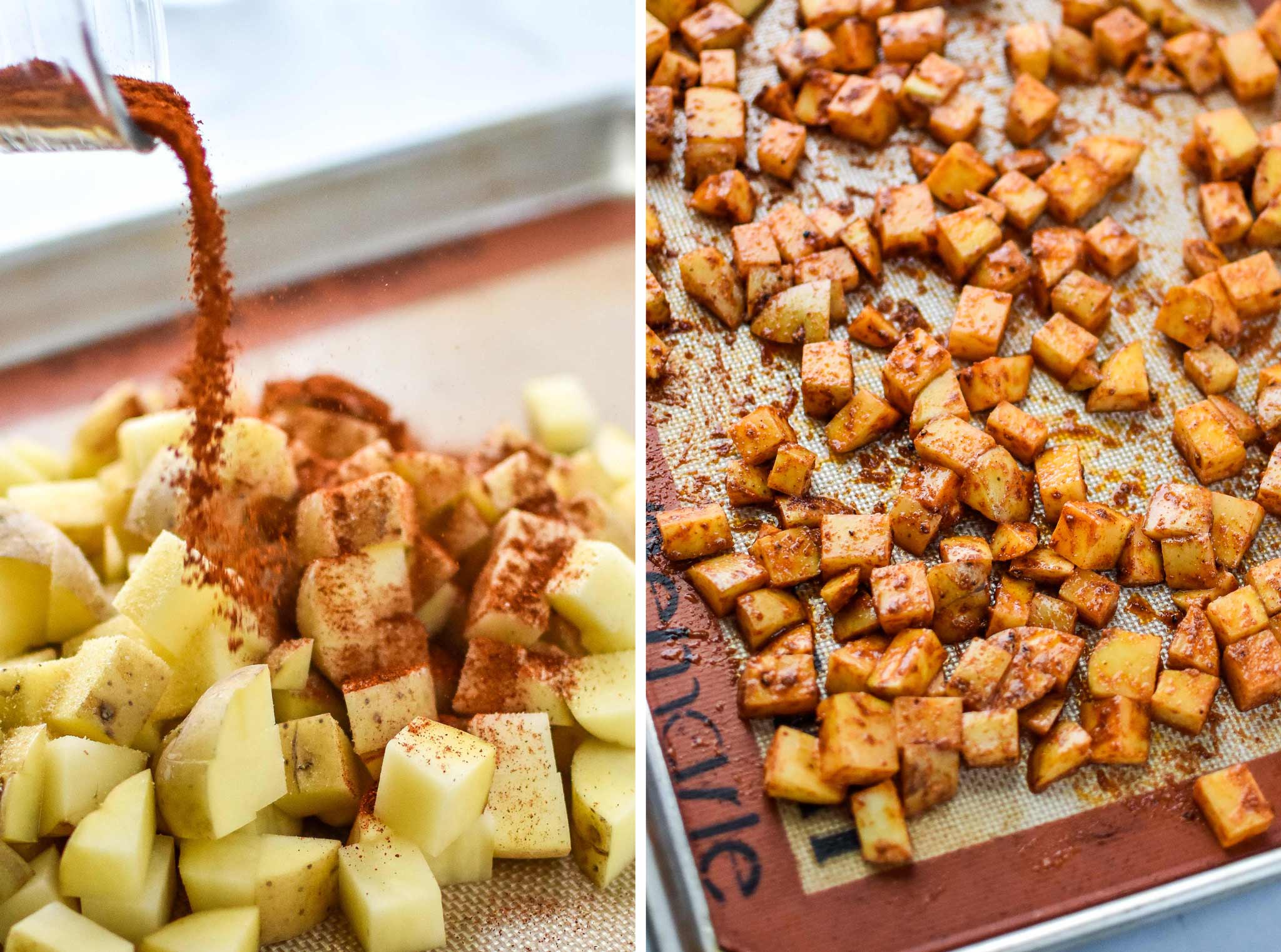 diced potatoes on a sheet pan with spices