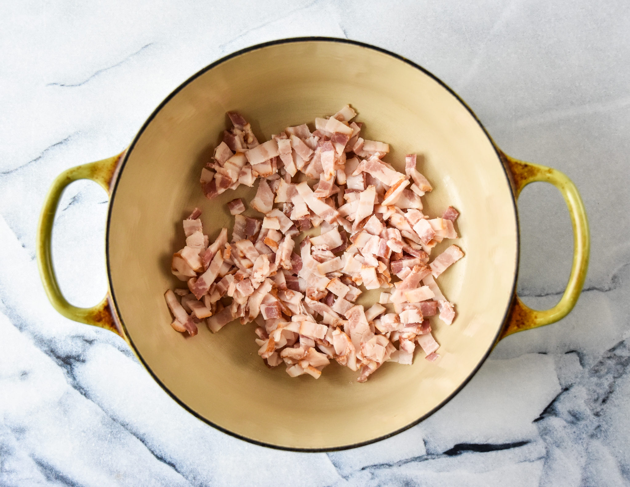 raw bacon in a dutch oven