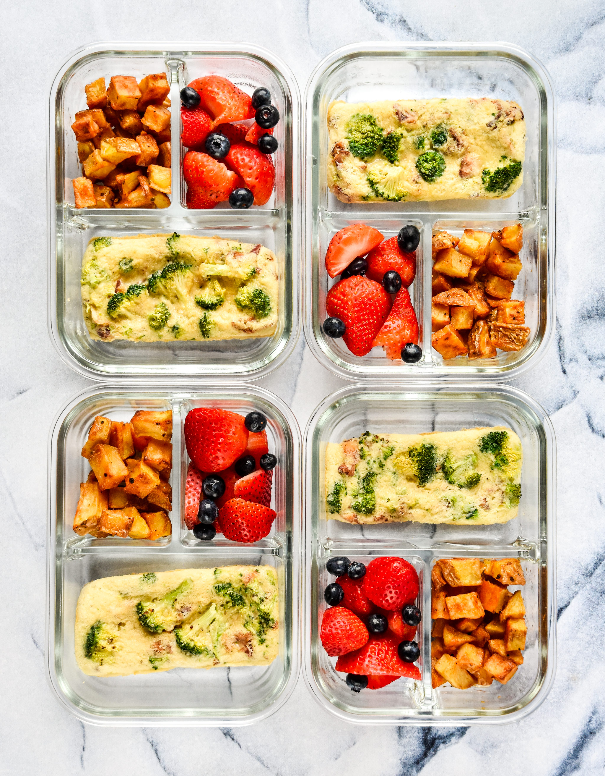 broccoli bacon breakfast frittata meal prepped with potatoes and fruit