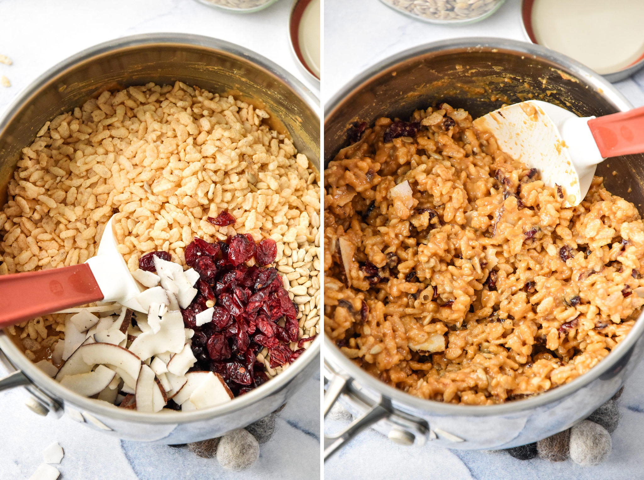 mixing up the ingredients in a pot for the rice krispie breakfast bars