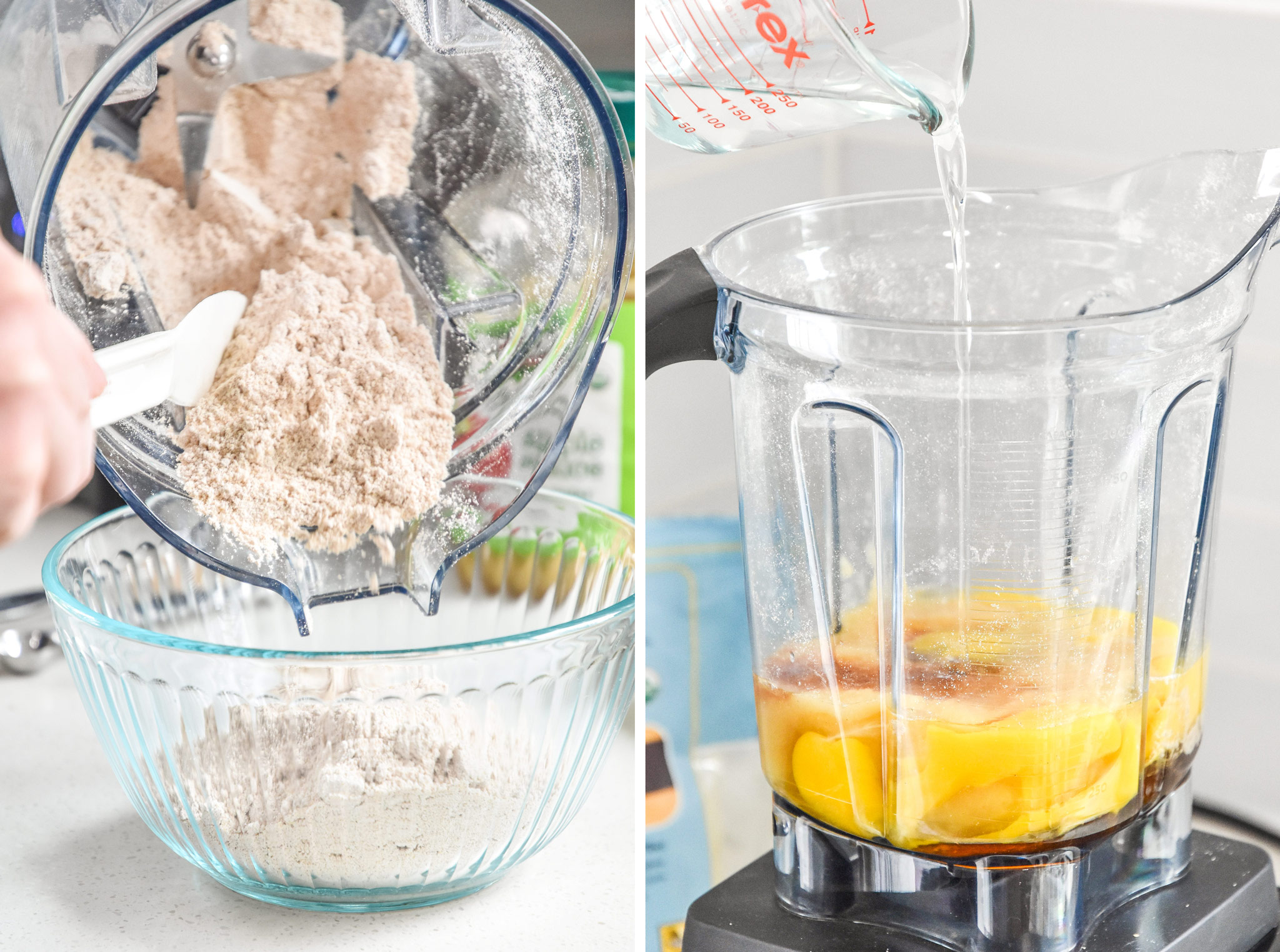 pouring oat flour into a bowl and adding oil to the blender with the wet ingredients
