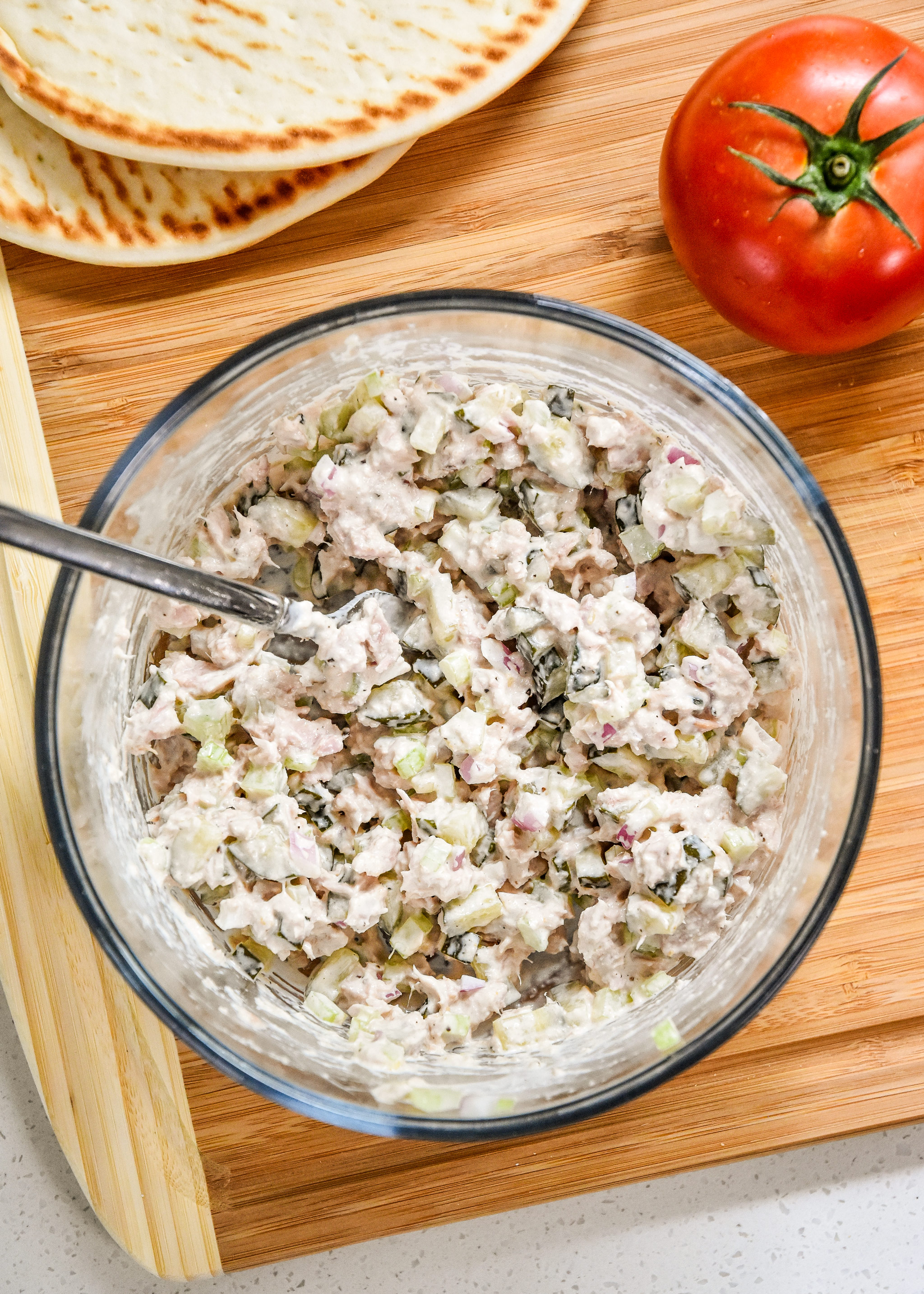 tuna salad in a bowl prepared for the tuna melt pita sandwiches