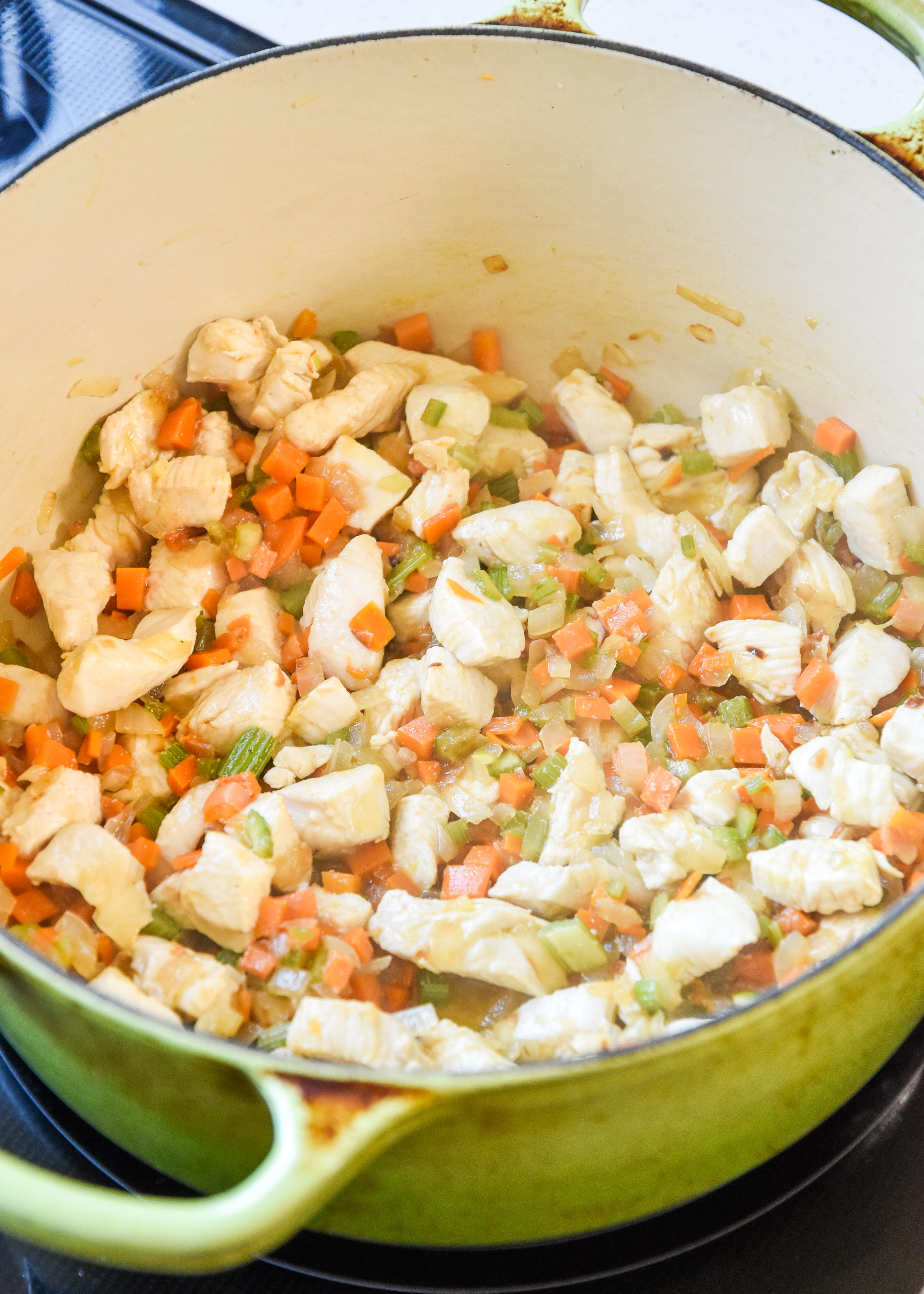 cooked chicken and veggies for the buffalo chicken mac and cheese