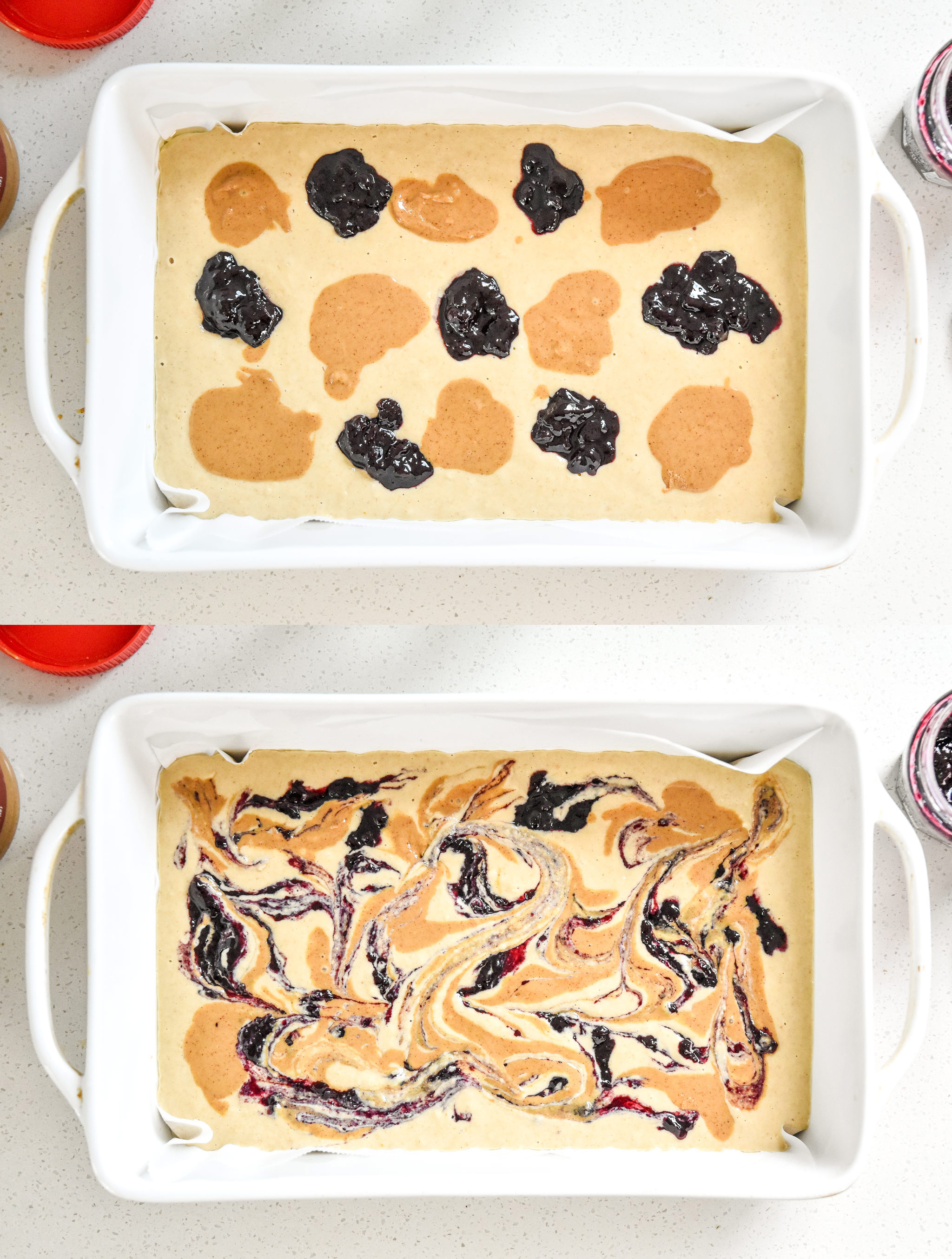 peanut butter and jelly on top of the pancake batter before baking