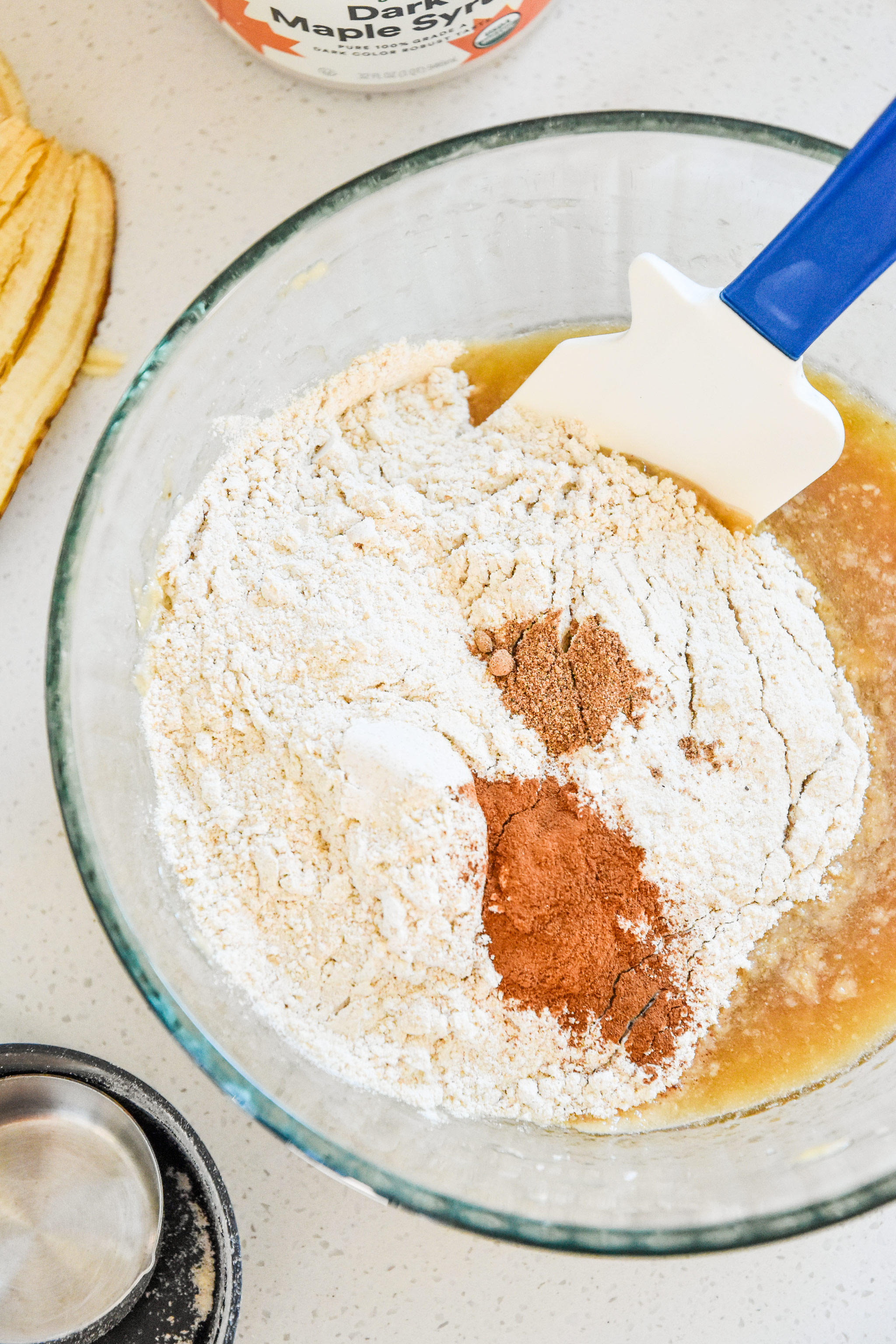 mixing up the batter for the banana bread pancake mix cookies