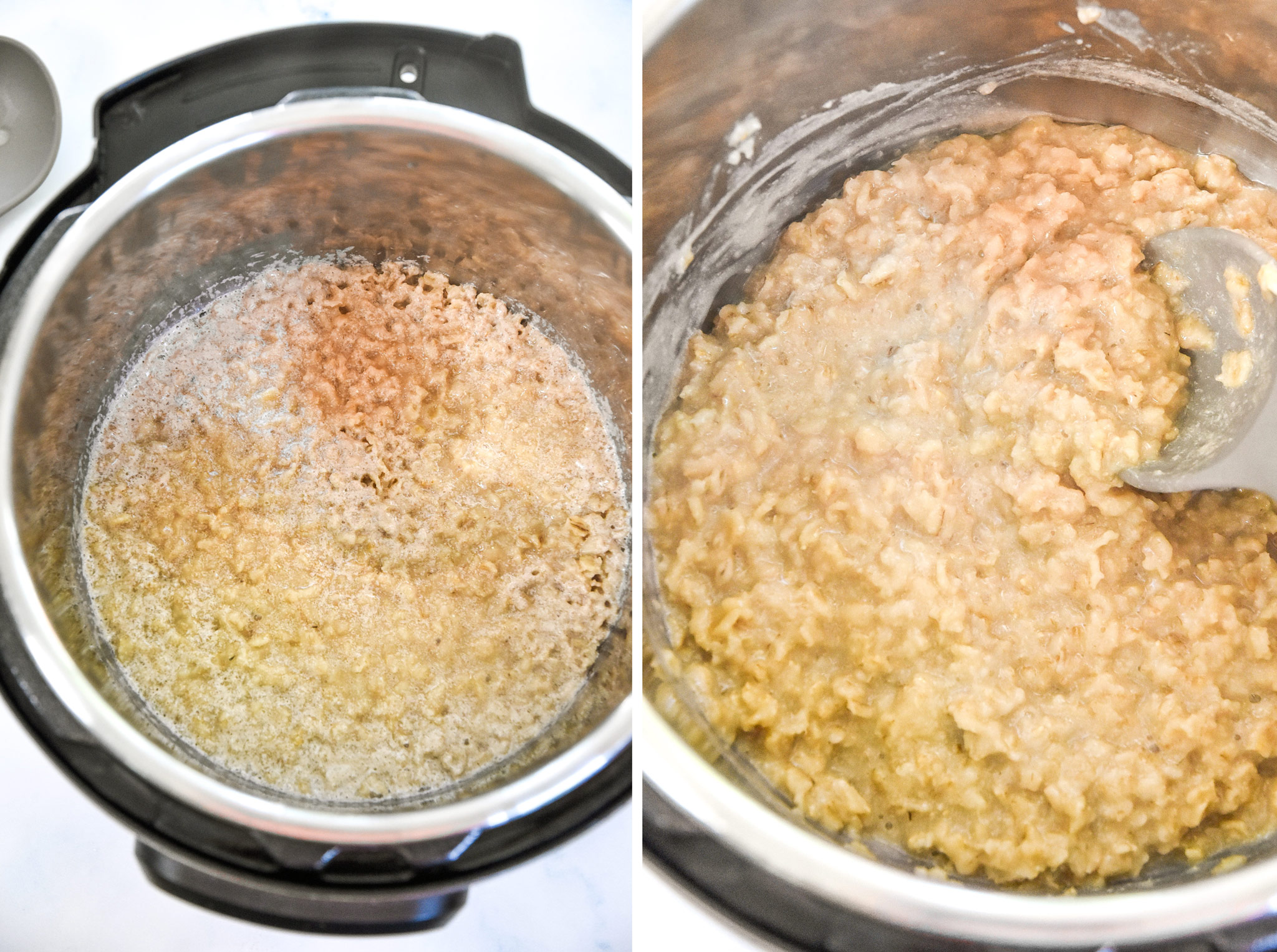 before and after mixing up the cooked instant pot maple brown sugar oatmeal