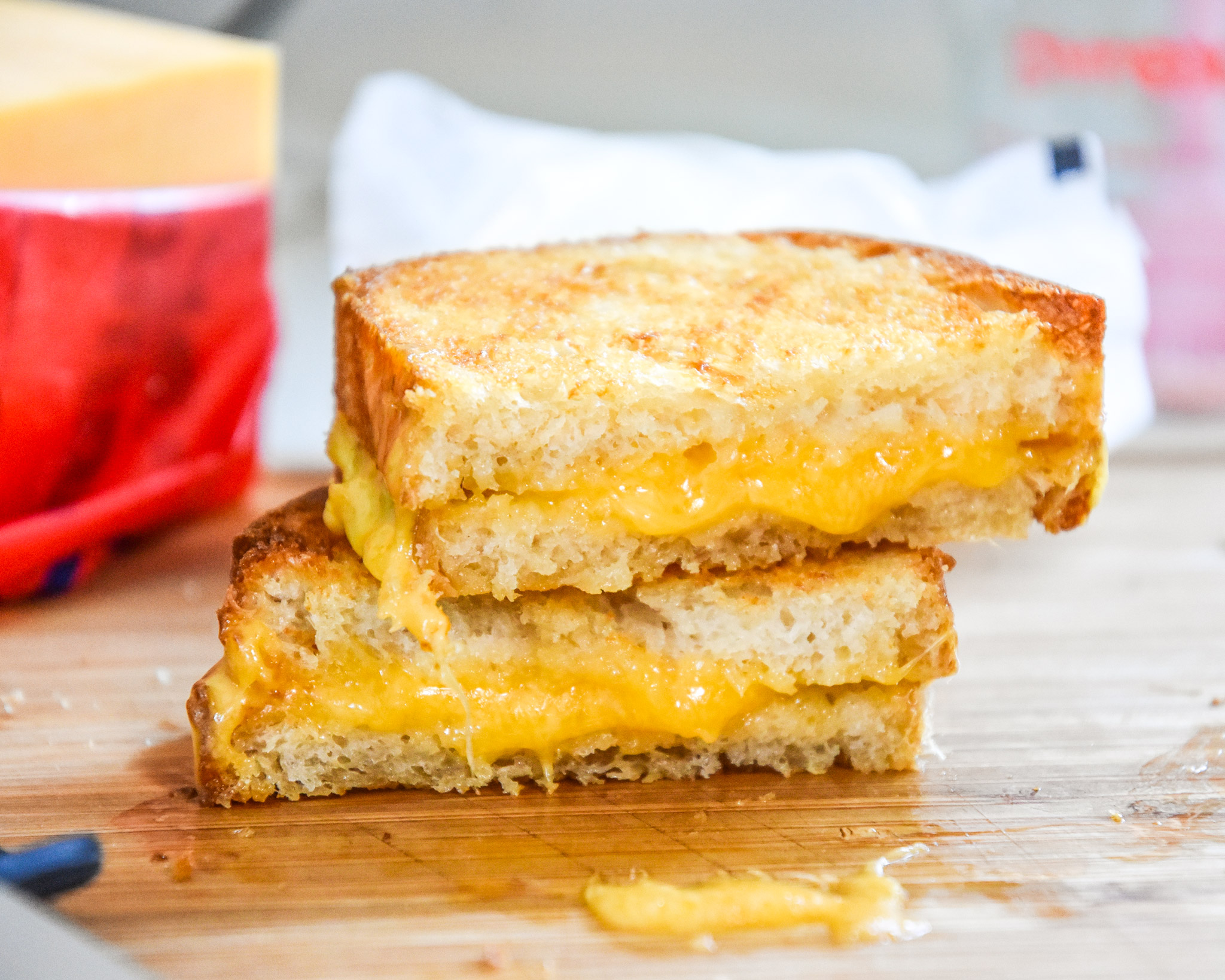 an air fryer grilled cheese sandwich cut in half