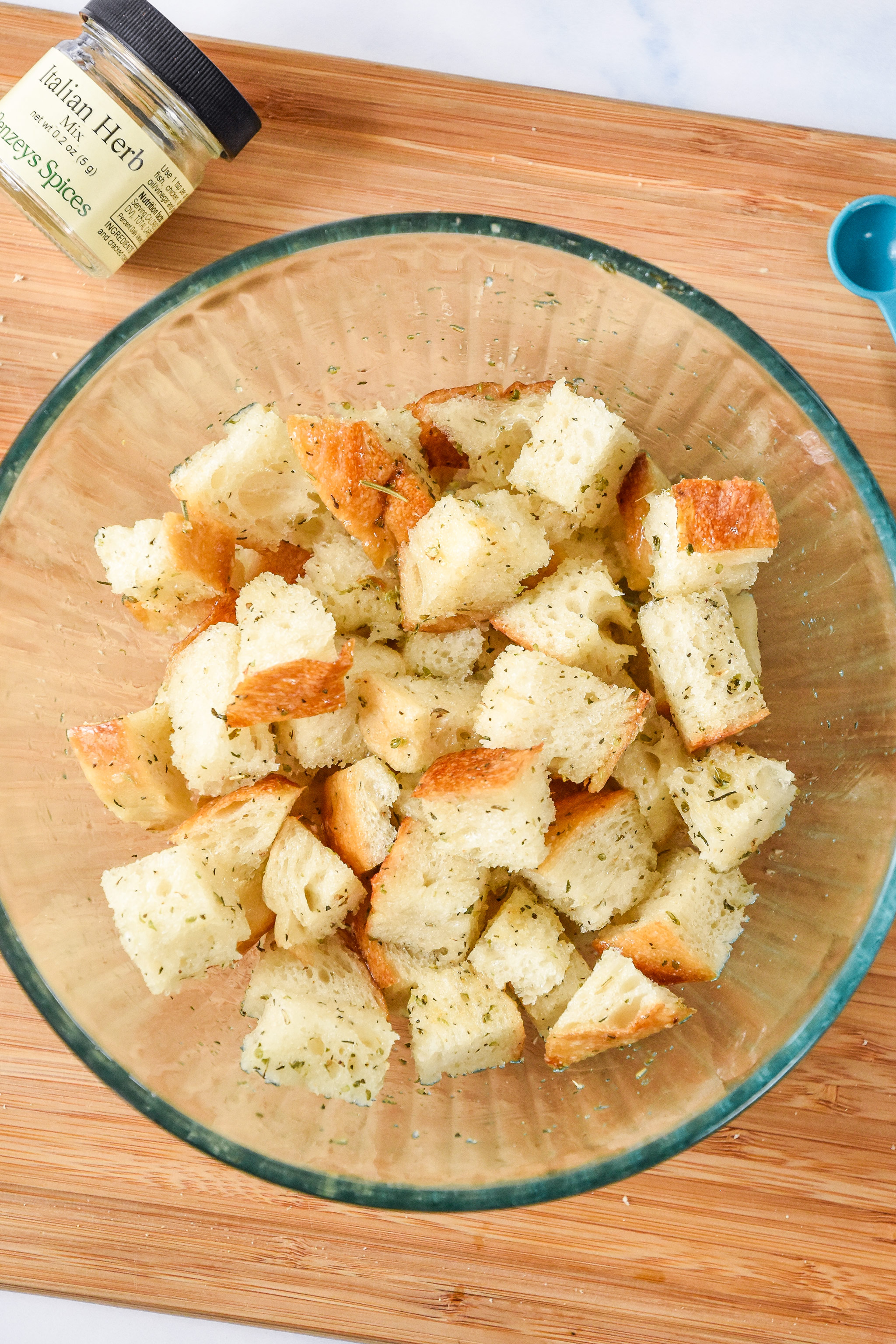 bread cubes in a bowl prepared to make croutons.