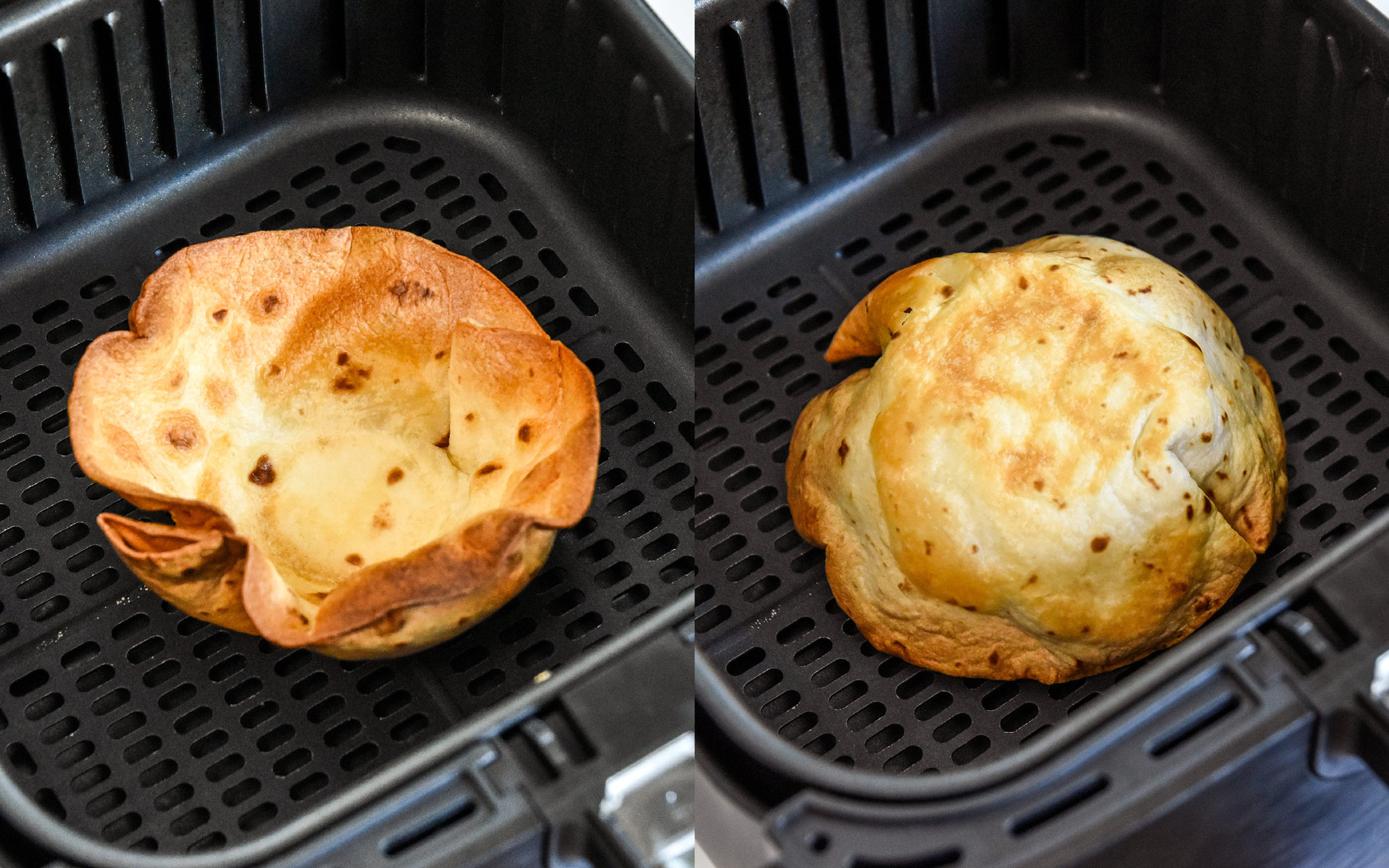 final steps of browning an air fryer flour tortilla bowl