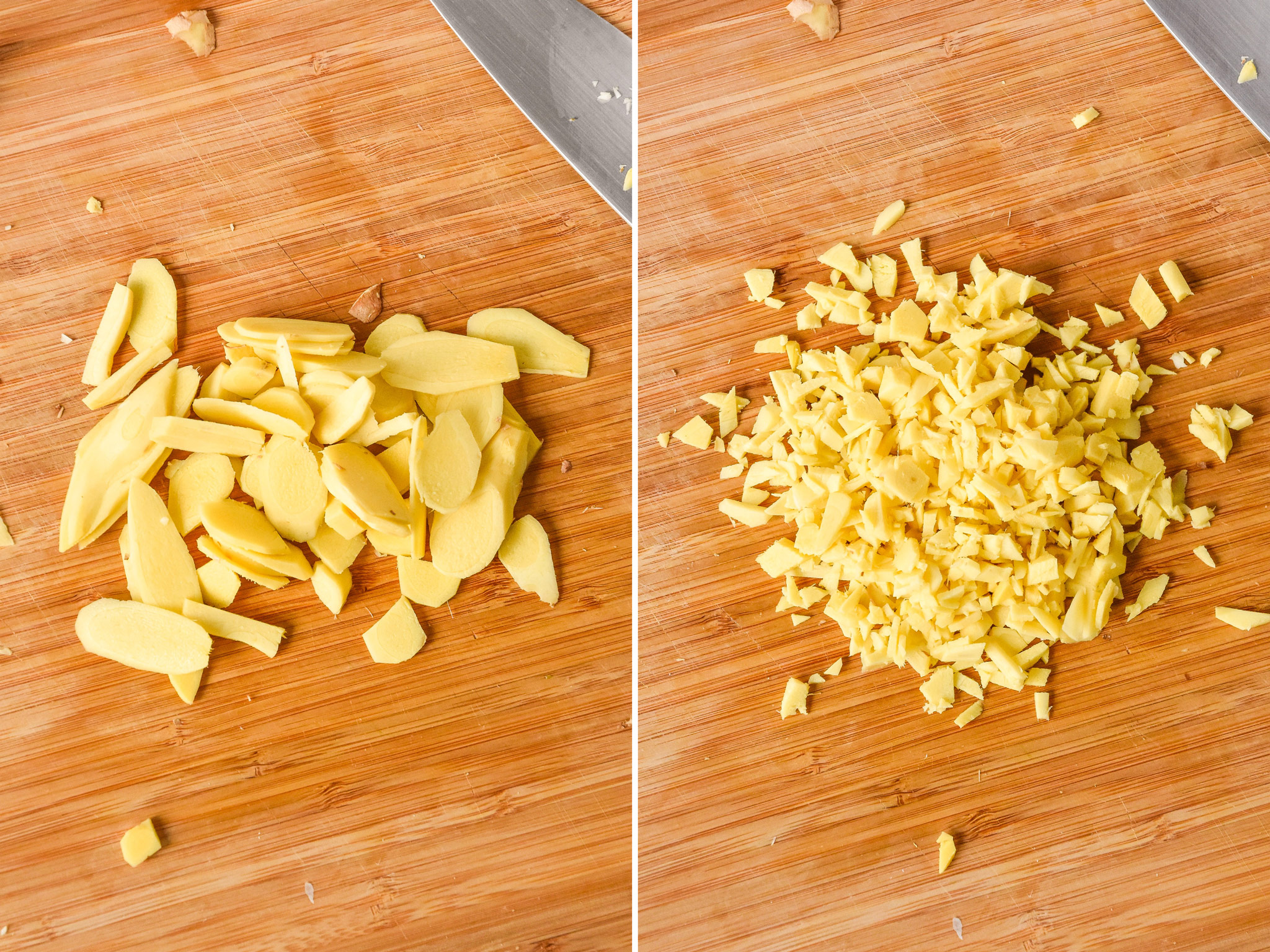 cutting fresh ginger for the soup.