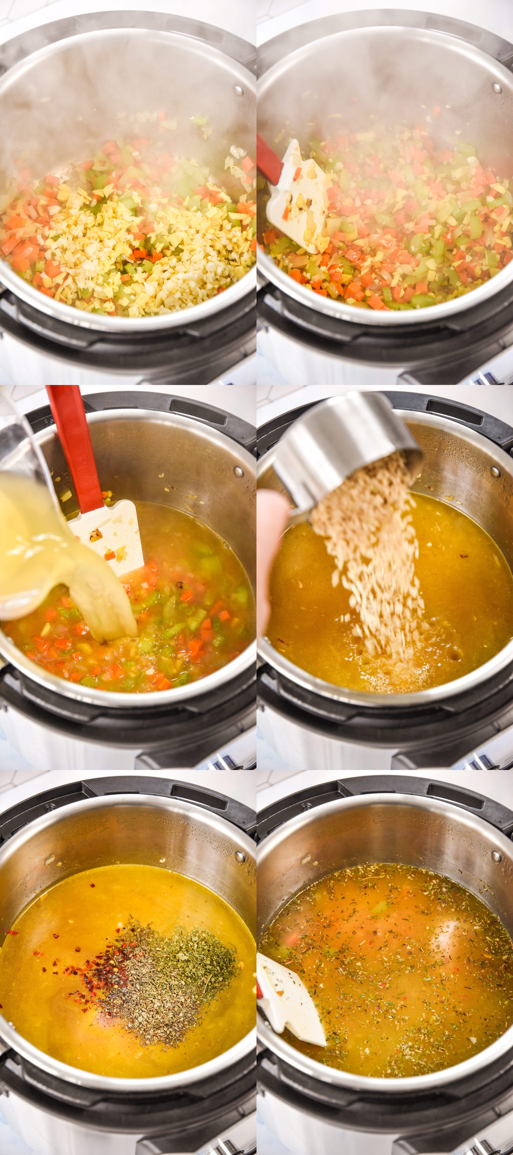 step by step of adding ingredients to the instant pot.