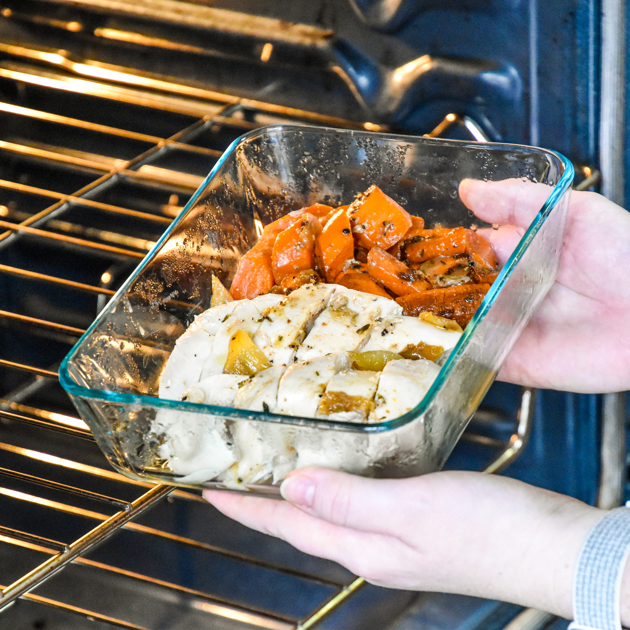 placing food in the oven to reheat food without a microwave.