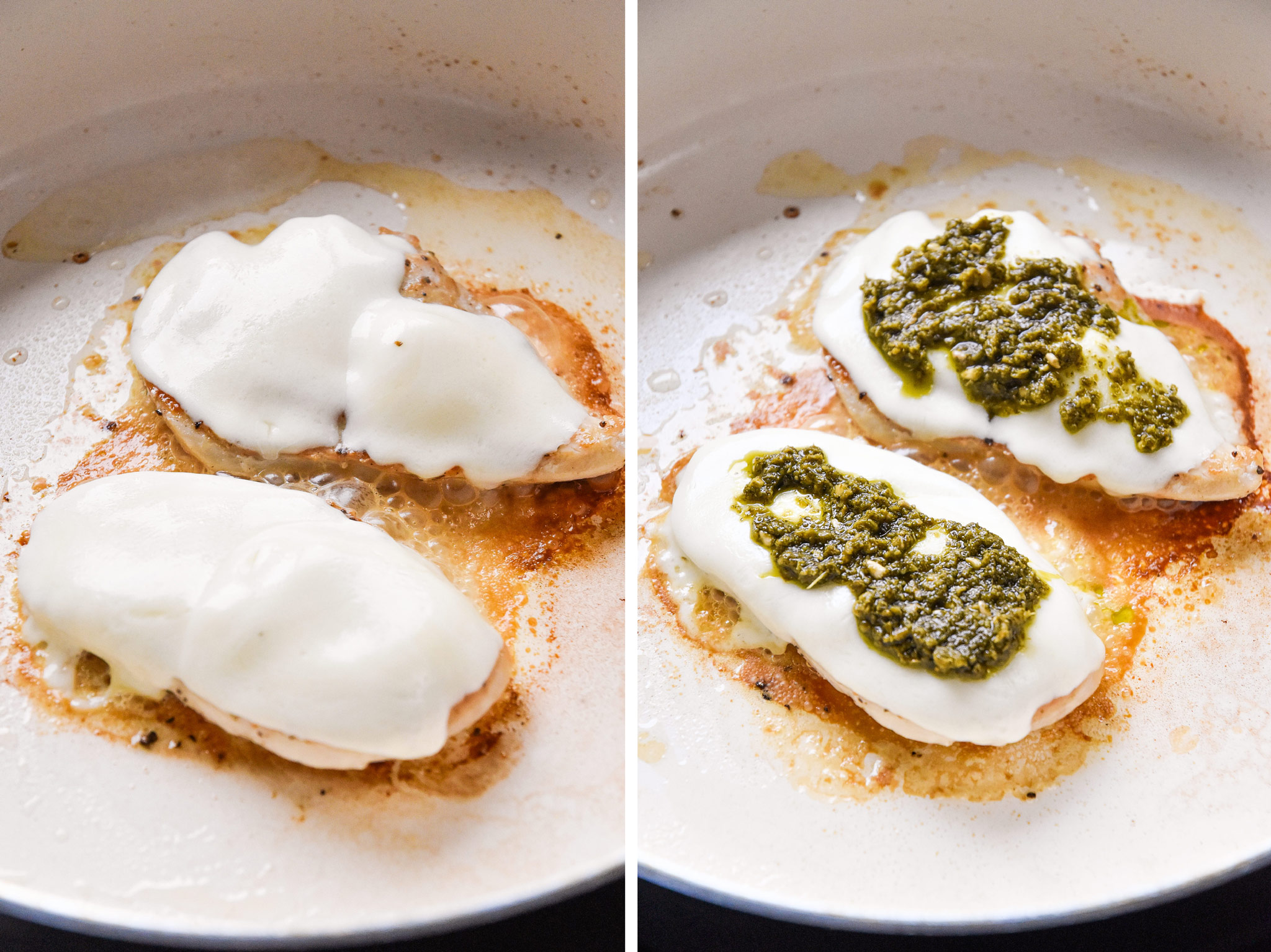 melted cheese and pesto on chicken breasts for the pesto chicken mozzarella sandiches.