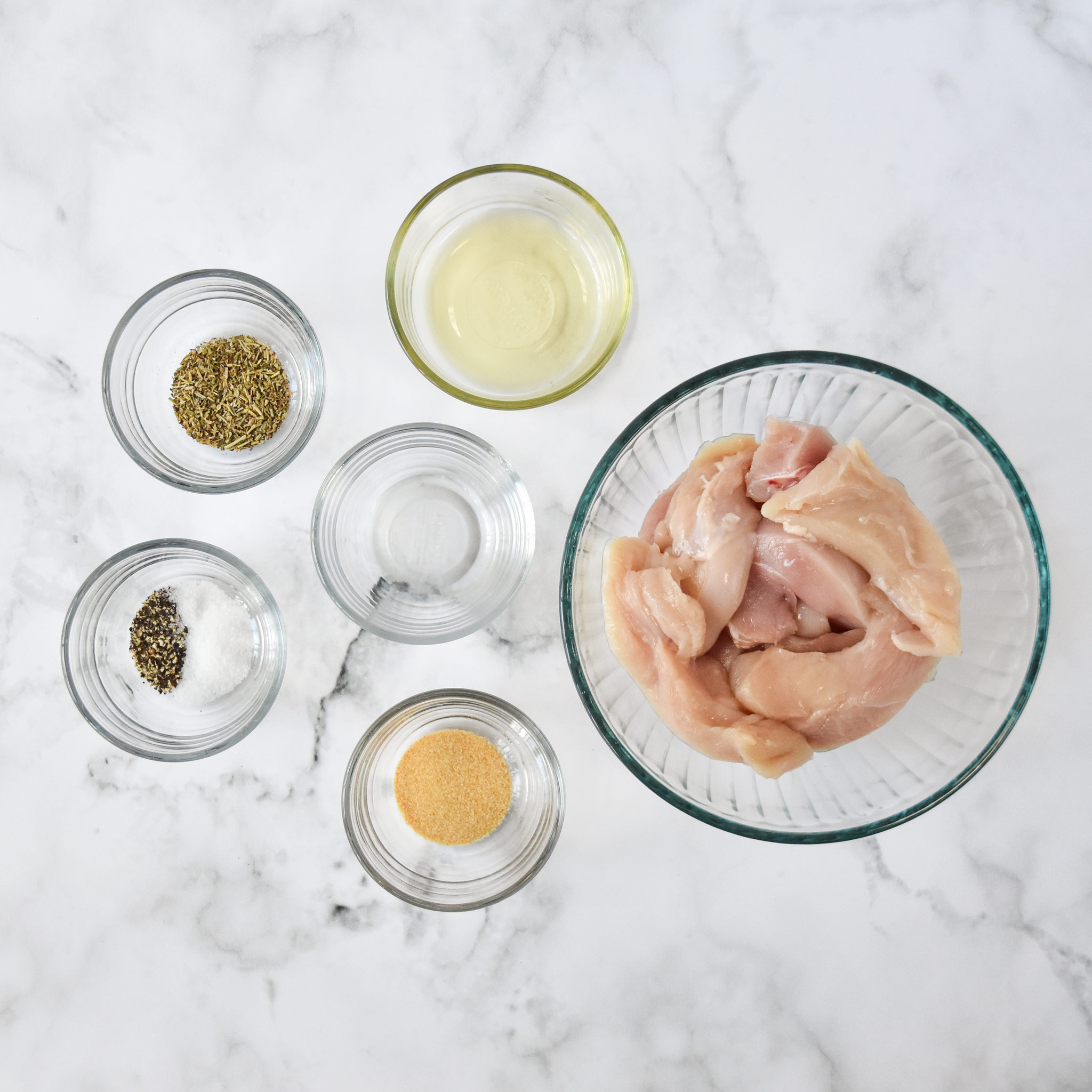 ingredients in glass bowls for this recipe before cooking.