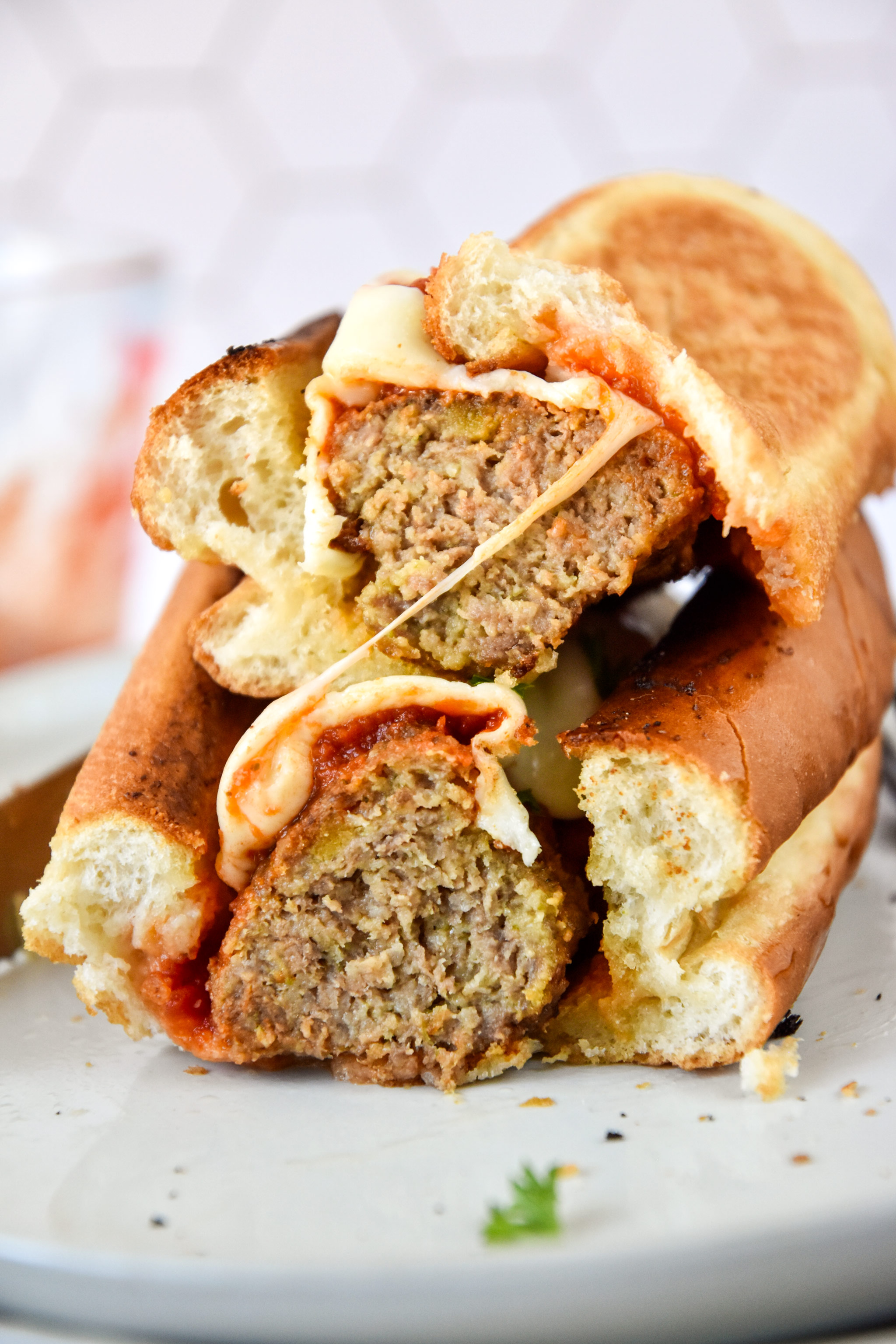 meatball sub sandwich with melty mozzarella cheese.