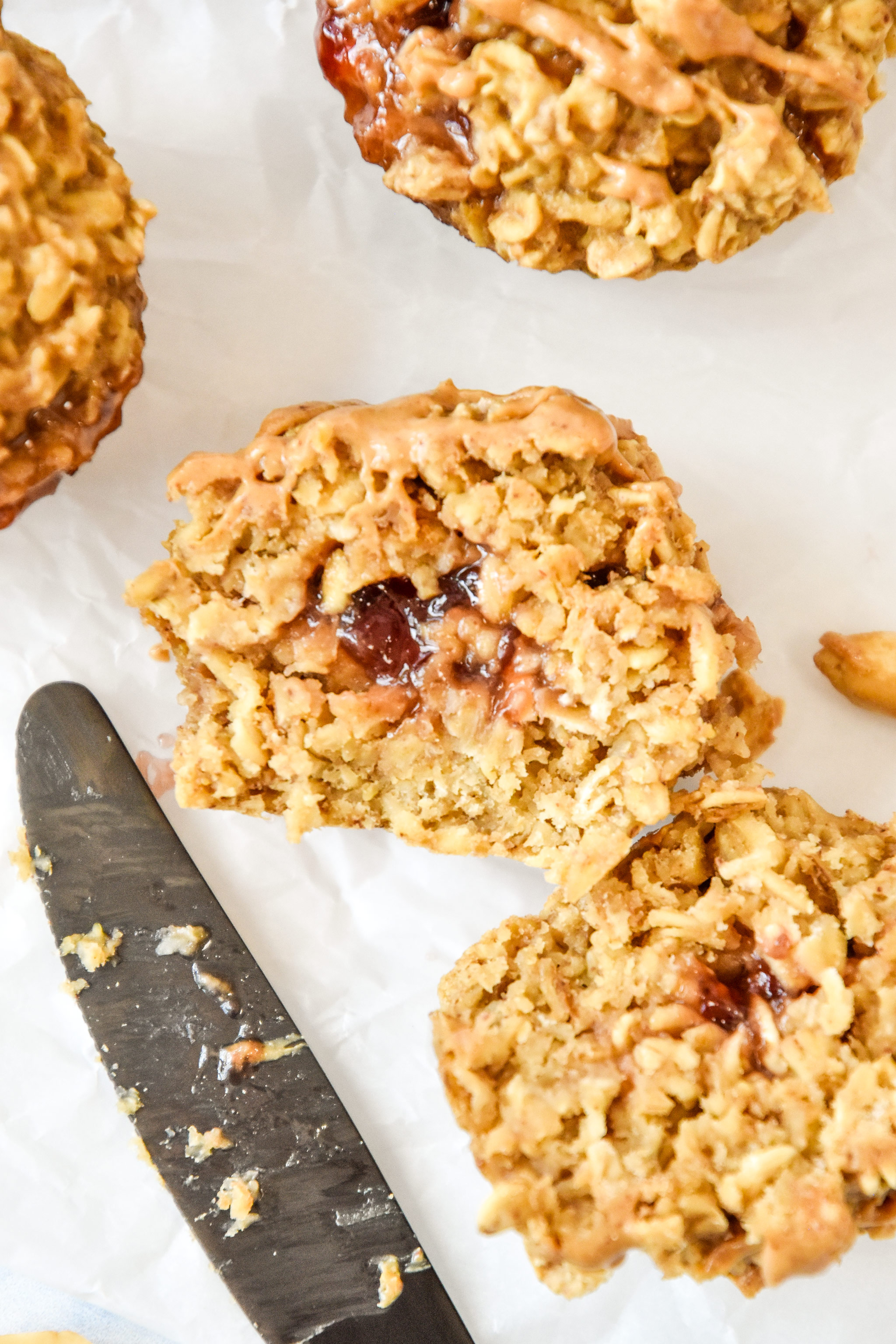 peanut butter & jelly baked oatmeal cups cut in half.
