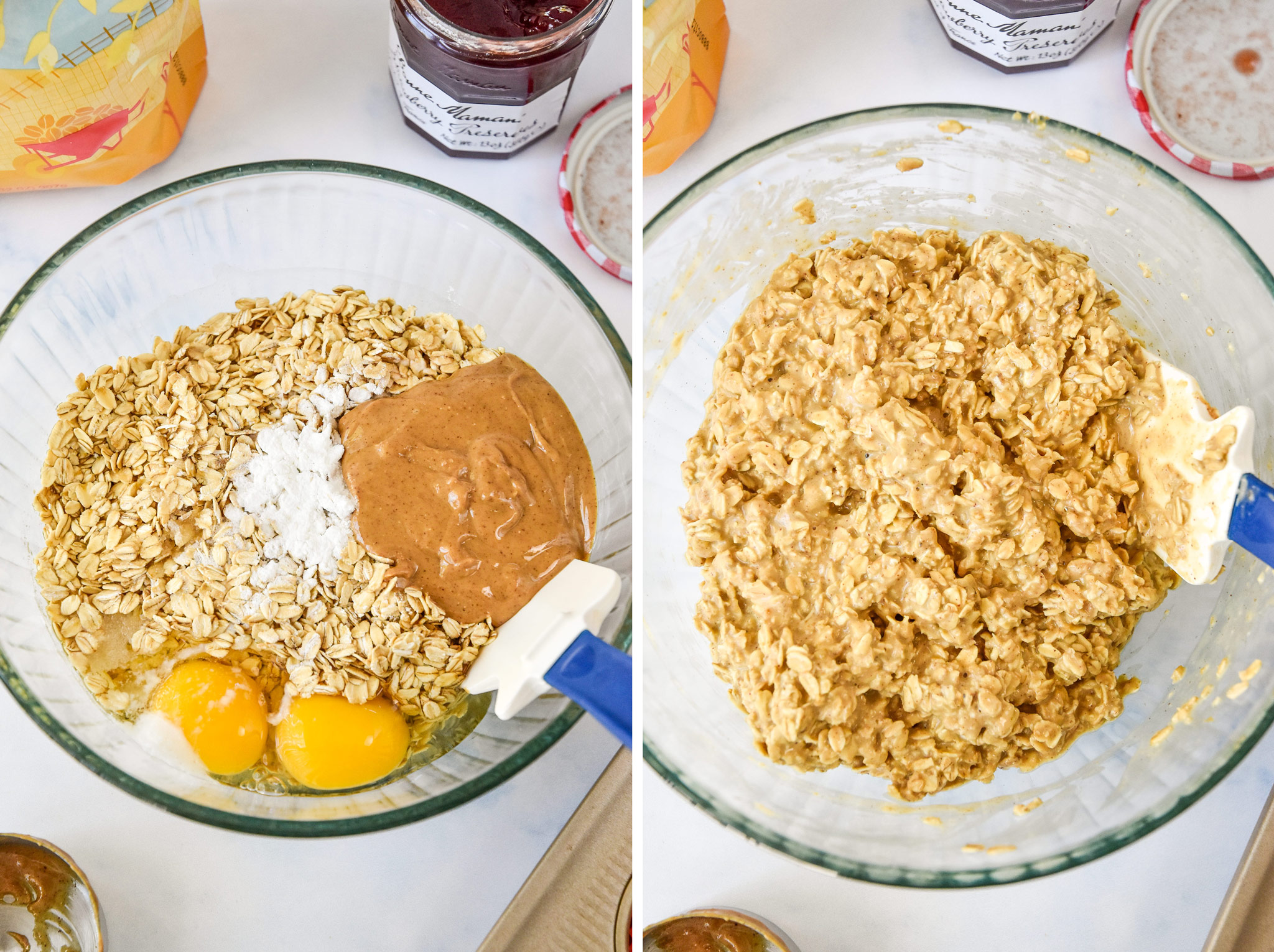 mixing ingredients together in a large glass bowl.