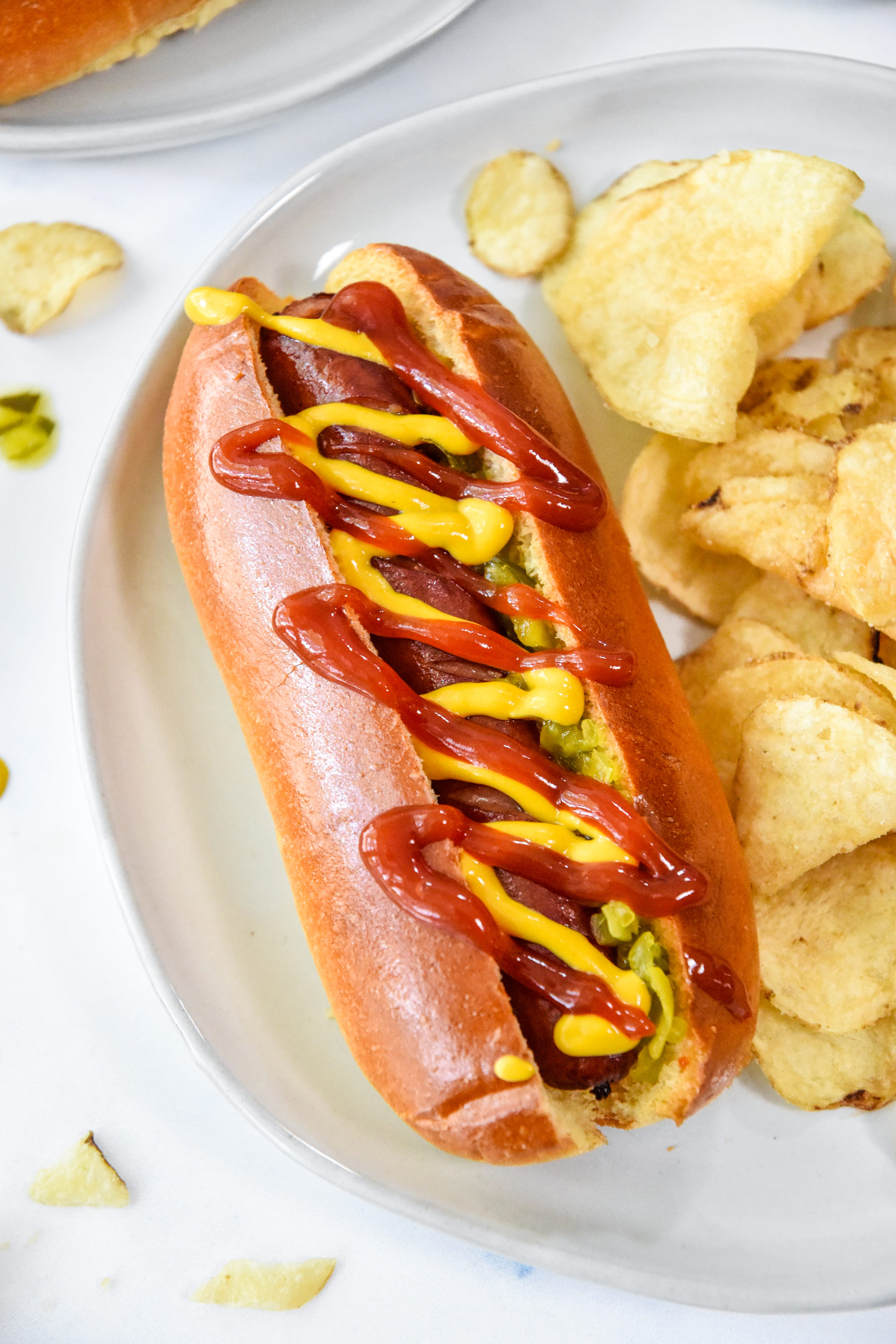 air fryer hot dogs with mustard and ketchup.
